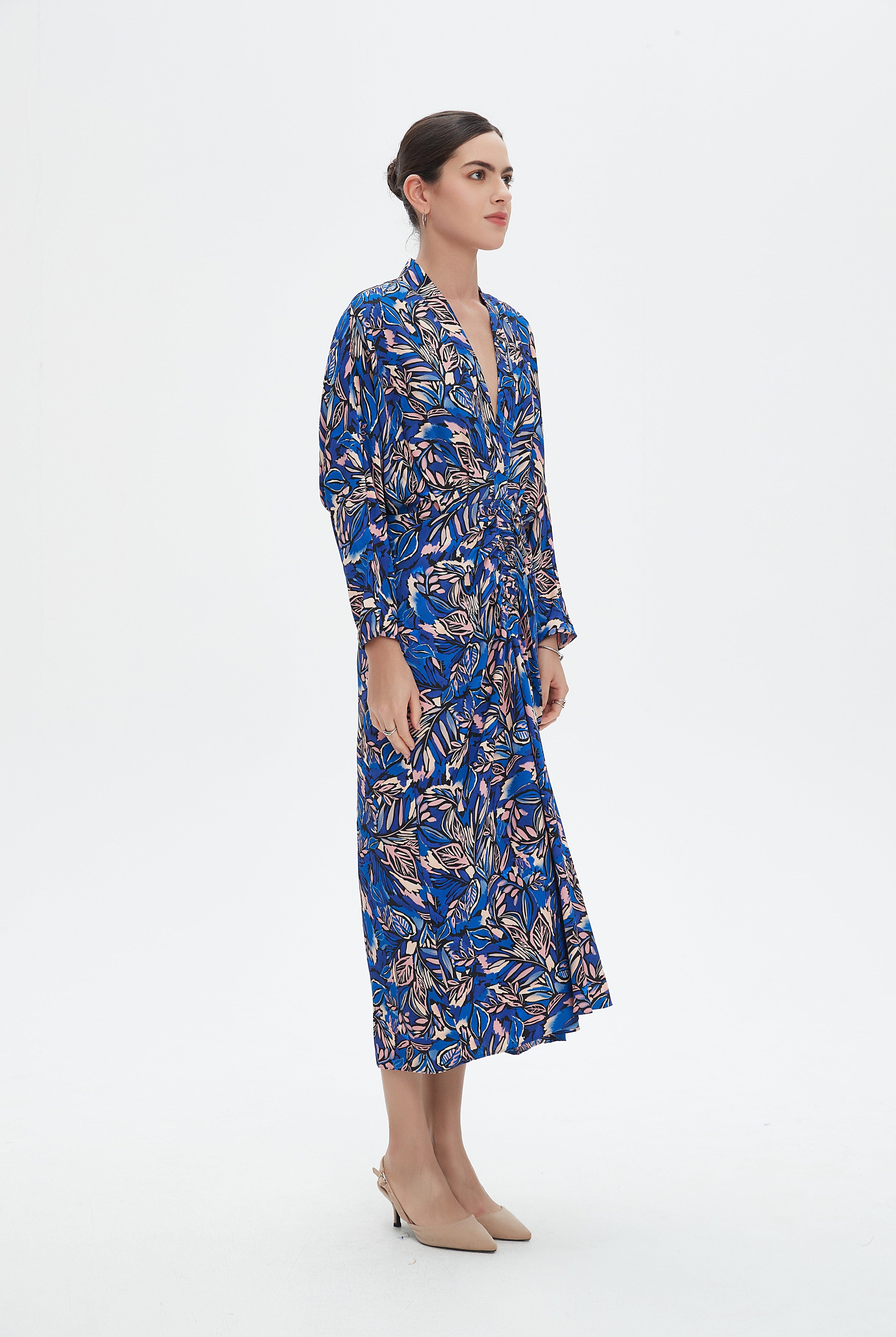 نتشي فستان ميدي بأكمام طويلة بفتحة سبعة مخصر نسائي