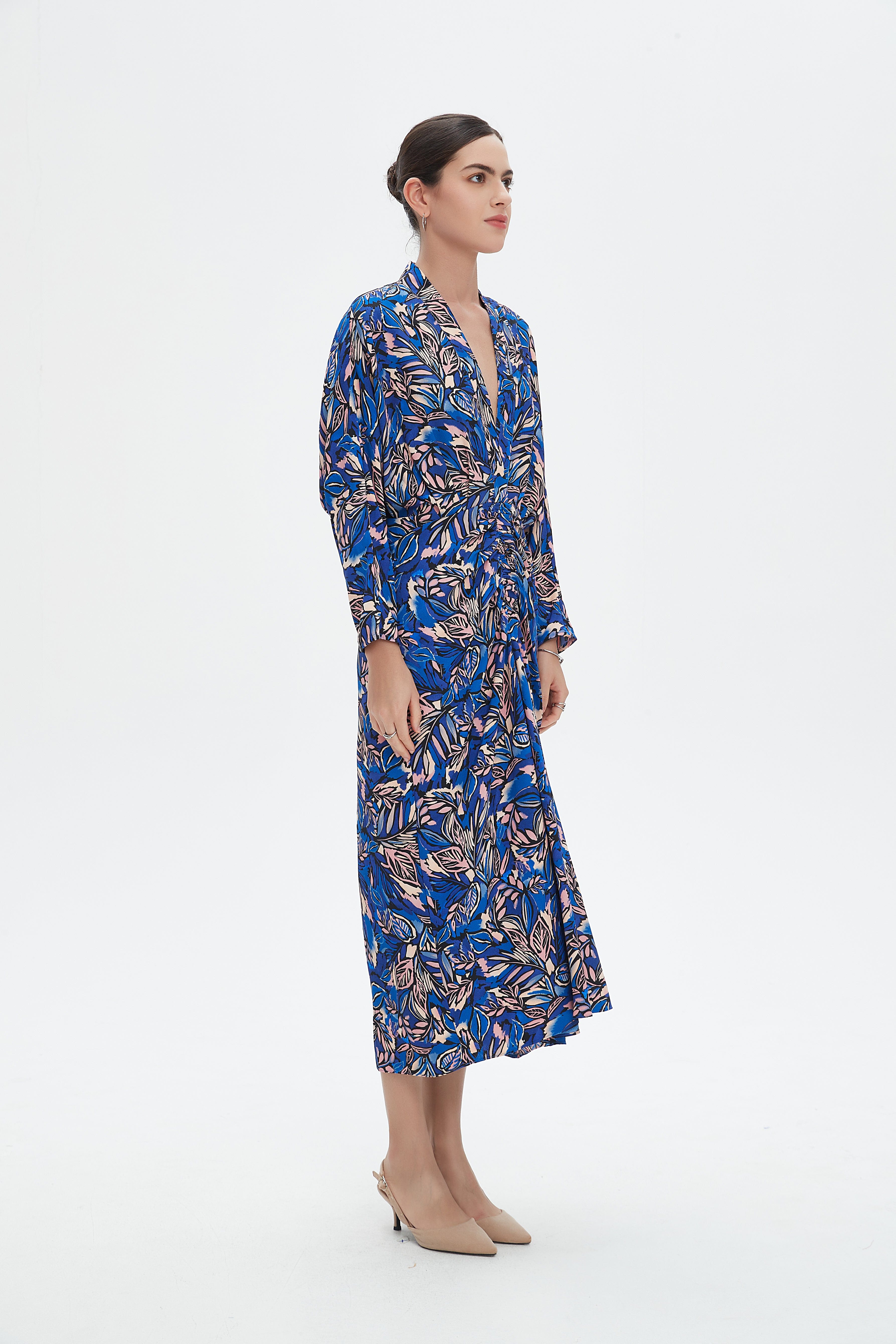 نتشي فستان ميدي بأكمام طويلة بفتحة سبعة مخصر نسائي