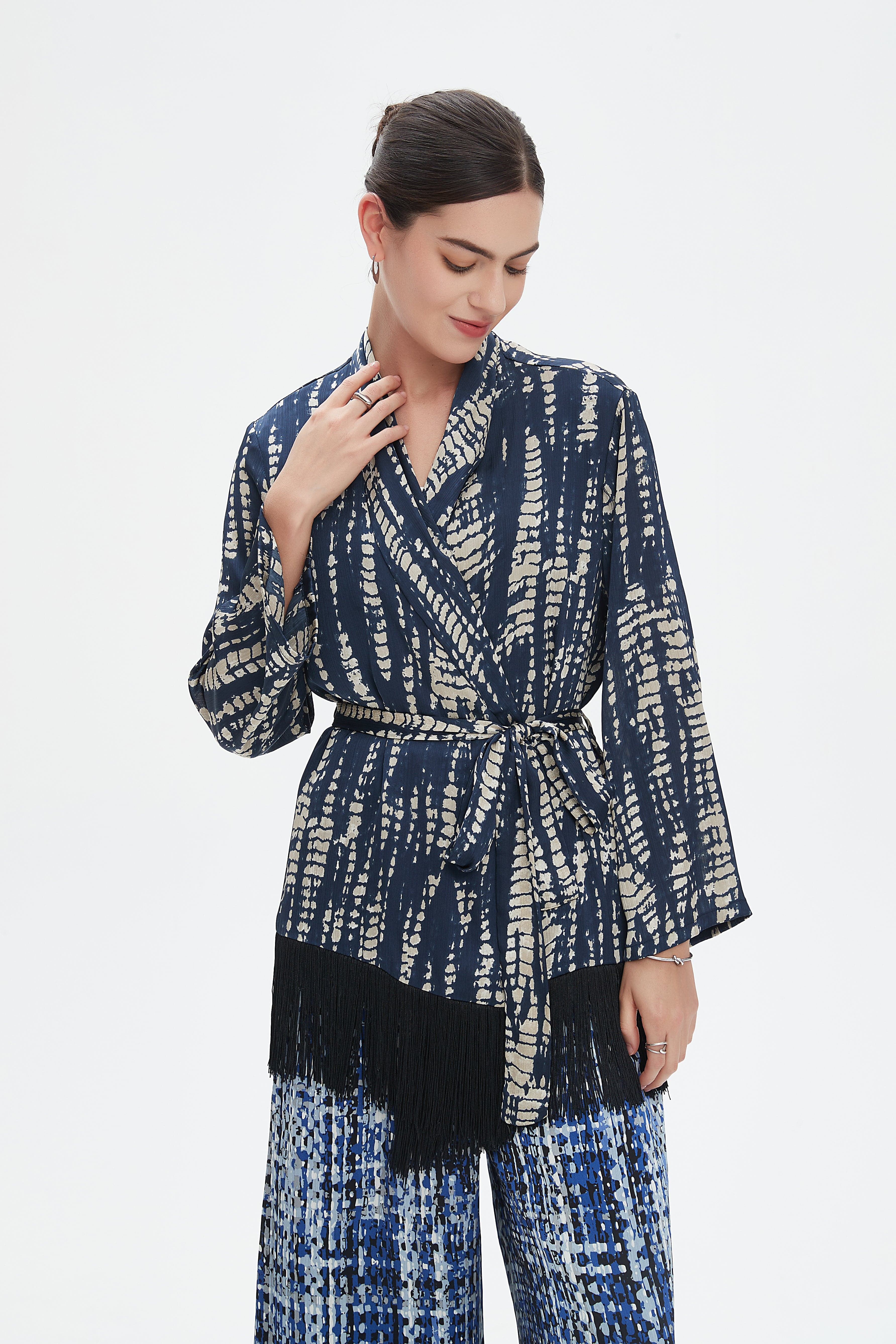 نتشي سترة منقوشة كم طويل برباط نسائي