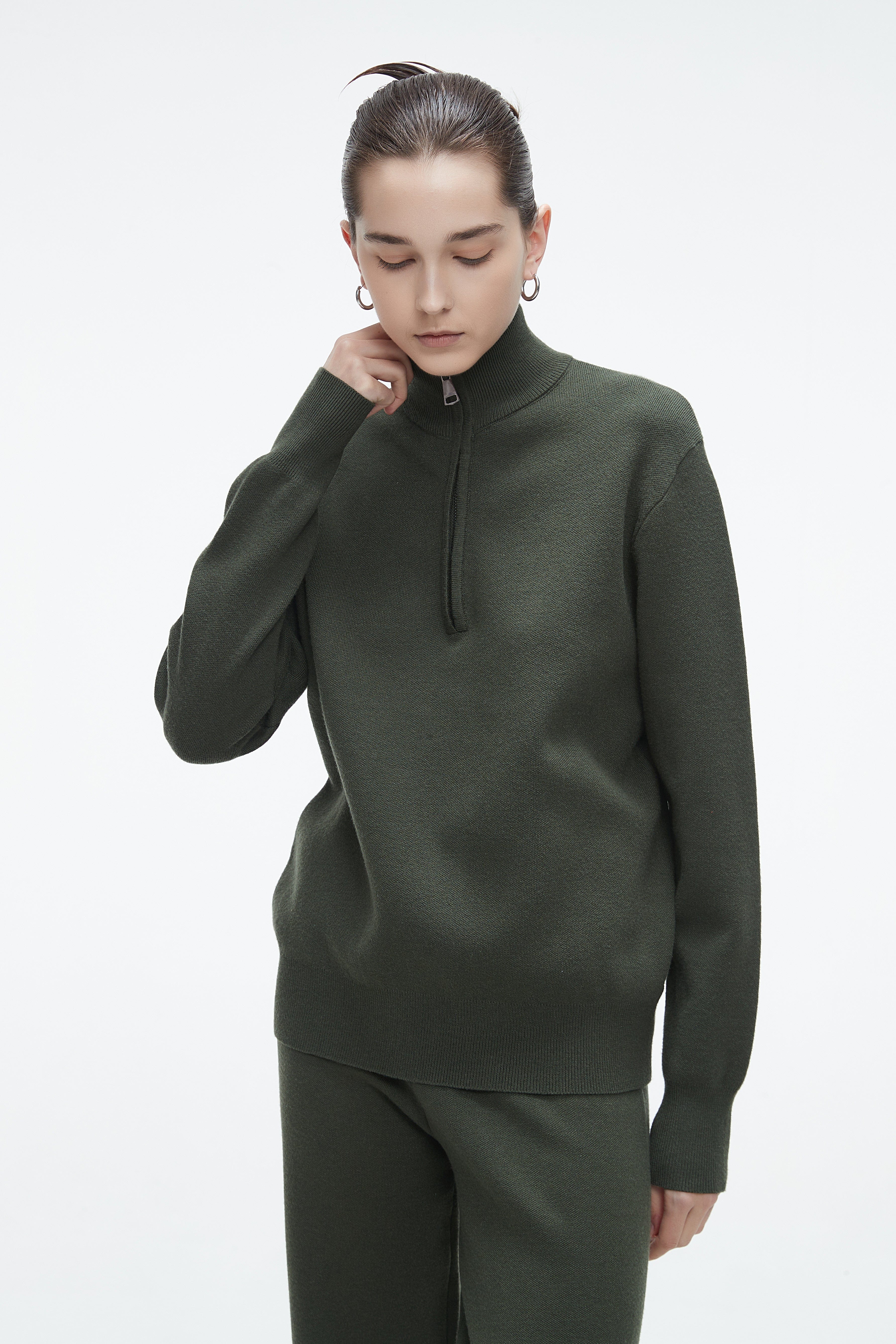 يولا بلوزة نسائية سادة شتوي بياقة طويلة وسحاب من الأمام مع أكمام طويلة