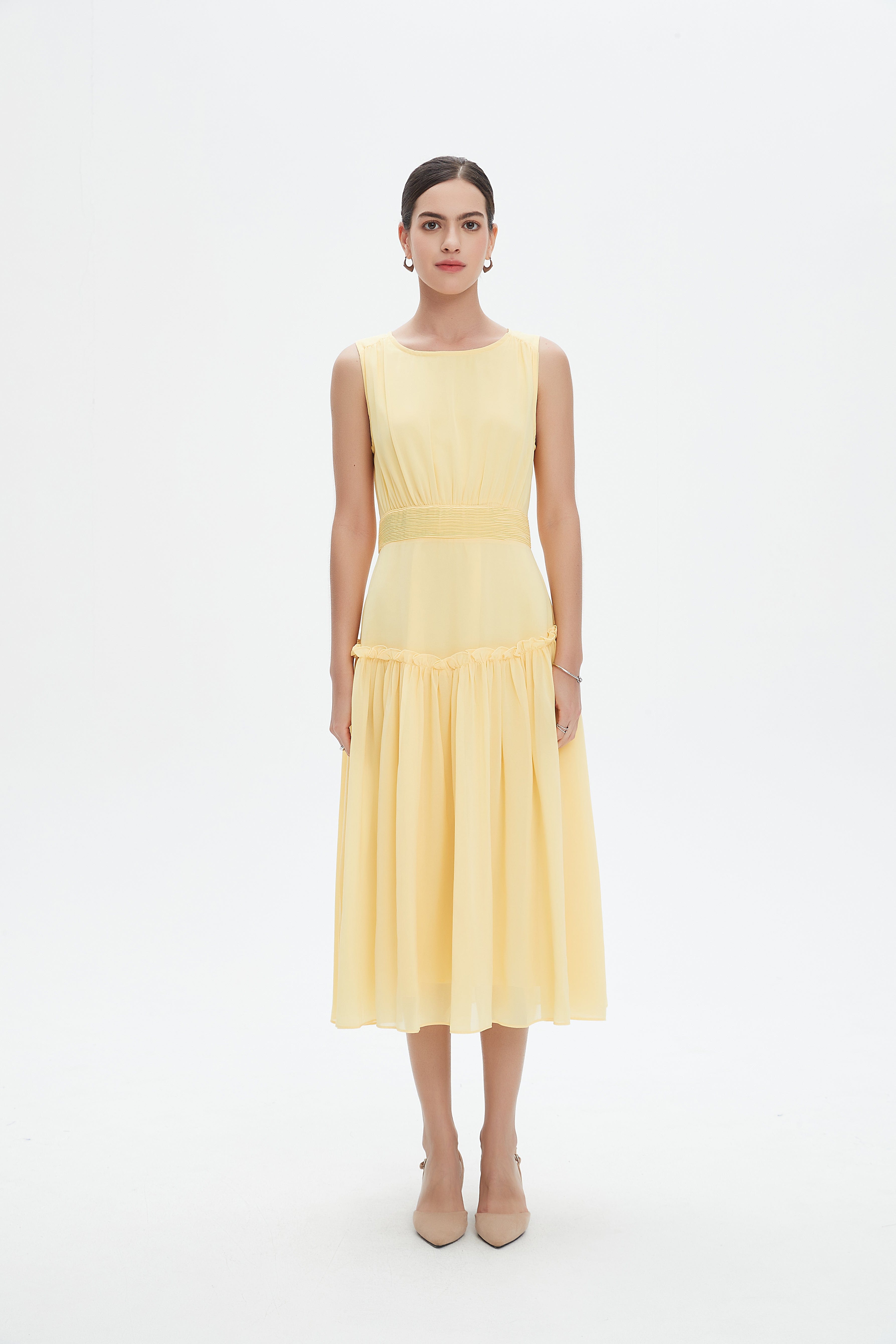 نتشي فستان ميدي رسمي سادة مخصر بدون كم