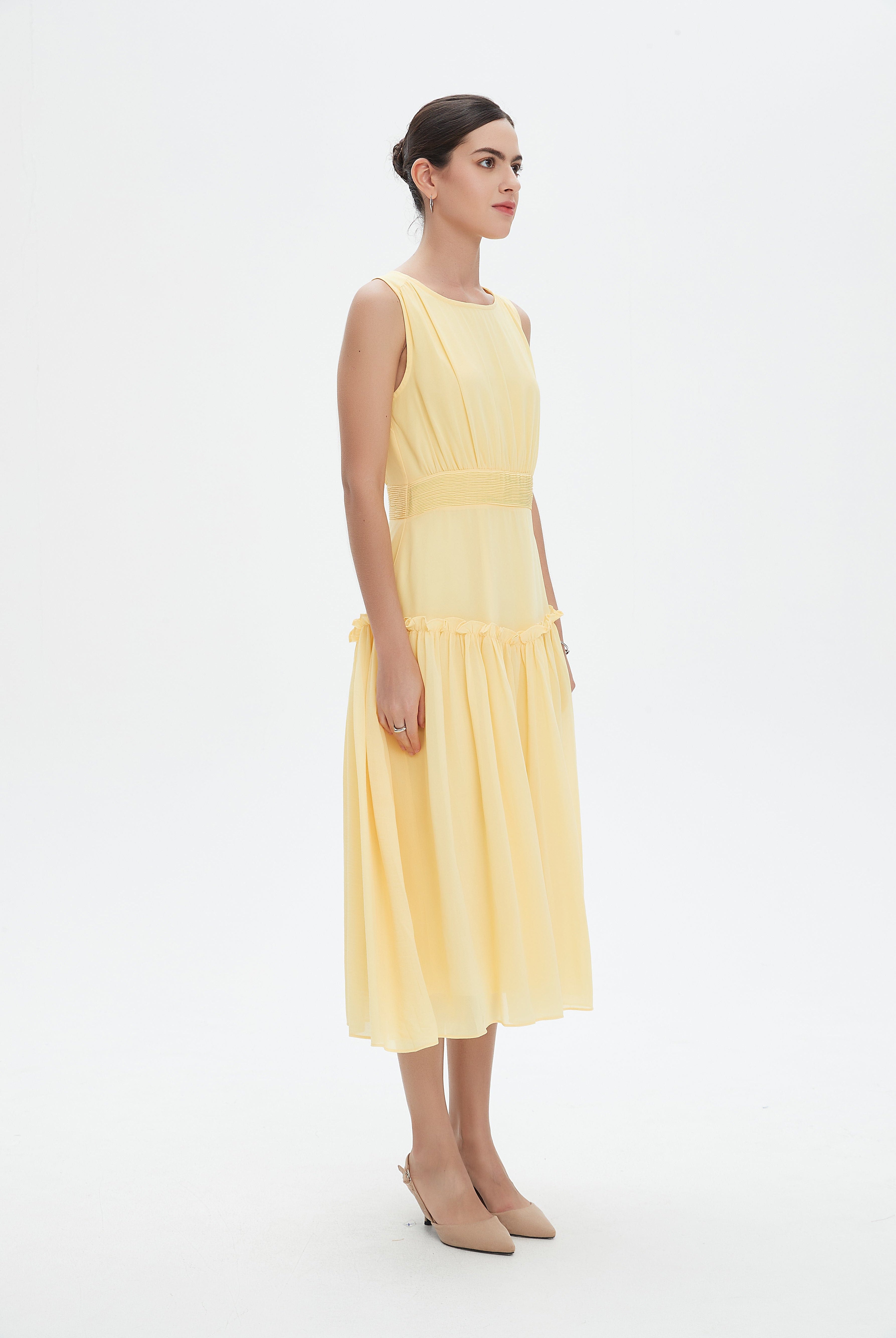 نتشي فستان ميدي رسمي سادة مخصر بدون كم