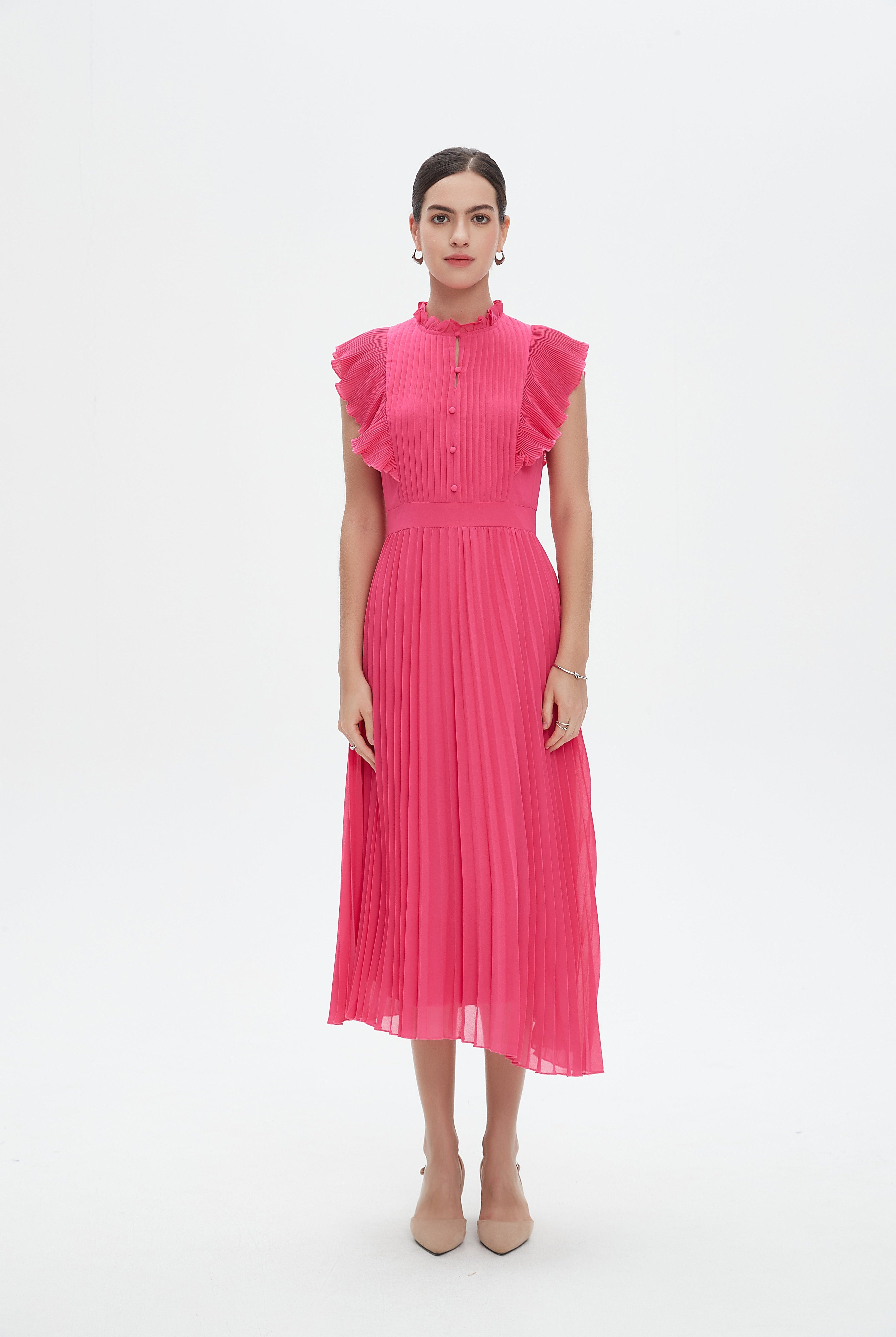 نتشي فستان ميدي بأكمام قصيرة بليسية بأزرار على الصدر