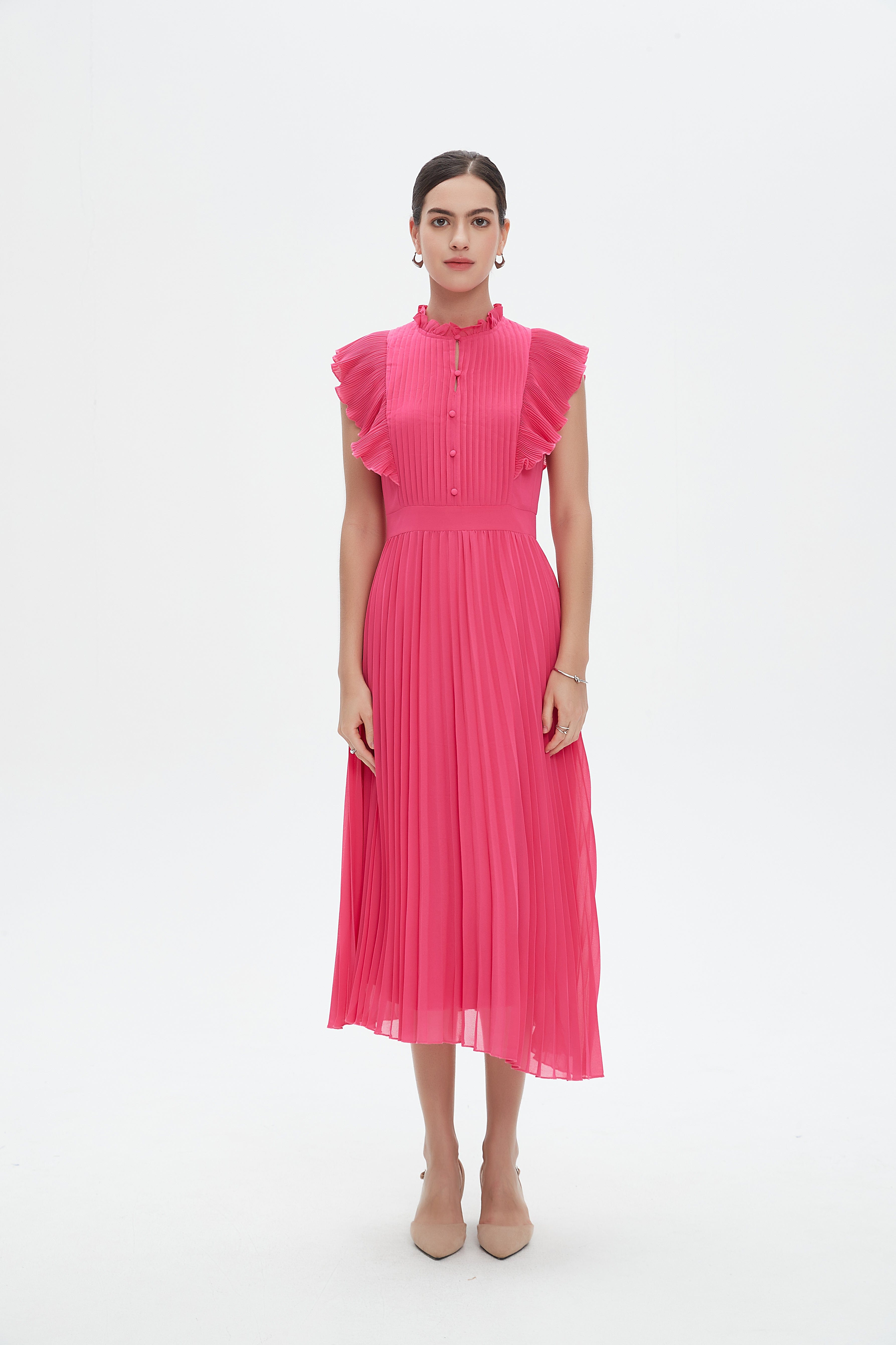 نتشي فستان ميدي بأكمام قصيرة بليسية بأزرار على الصدر