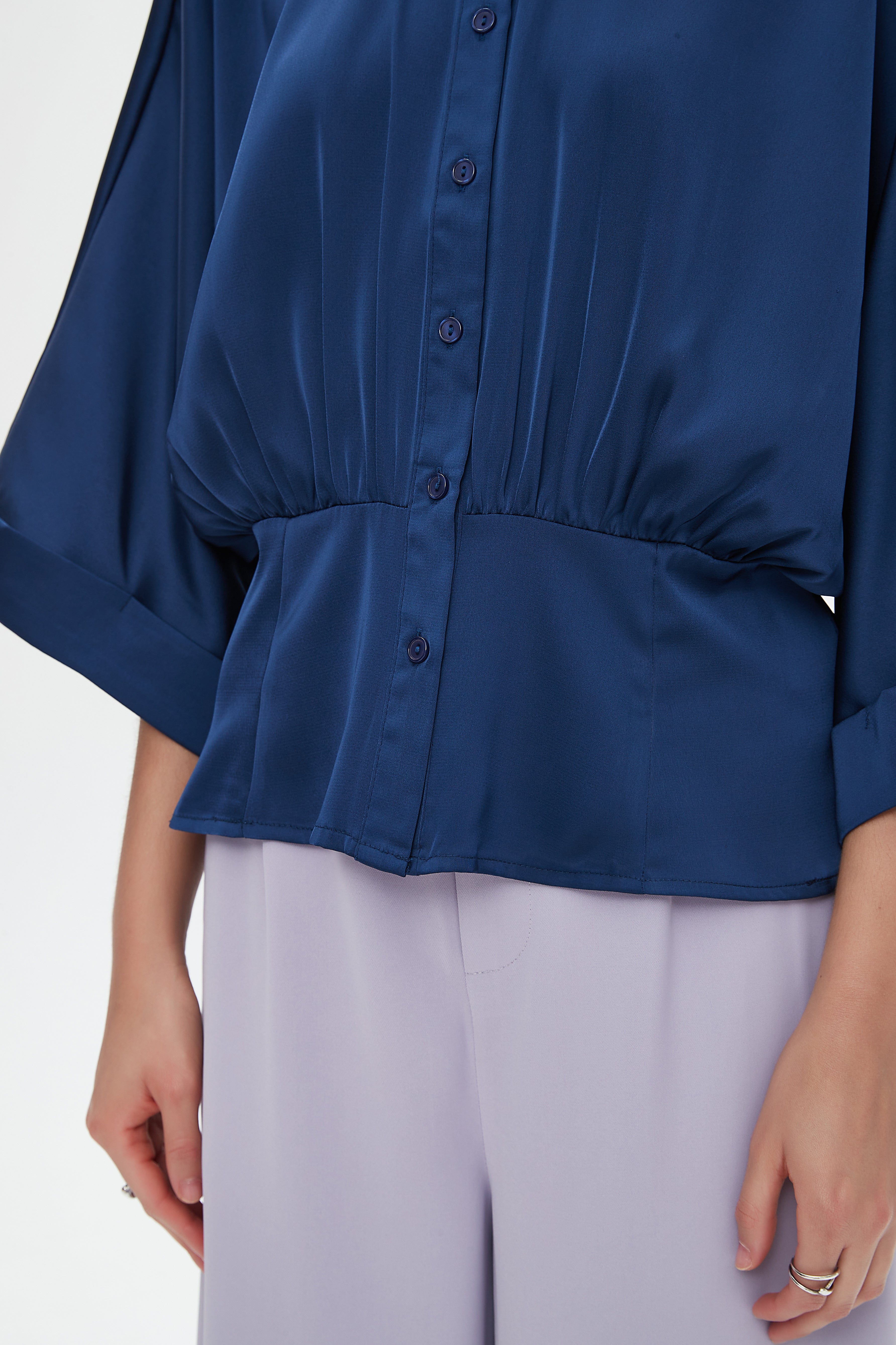 نتشي قميص بأكمام 3/4 سادة بأزرار أمامية نسائي