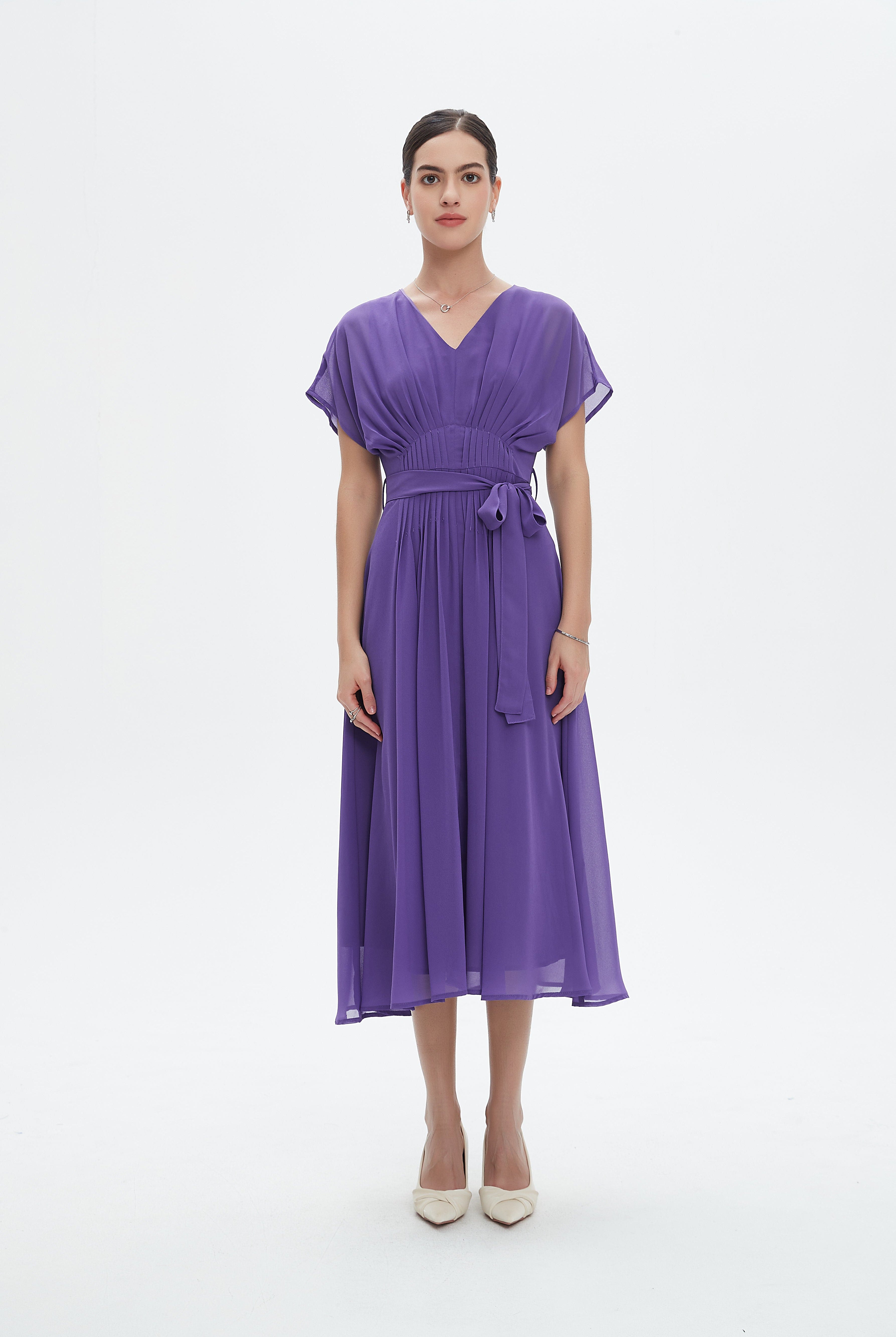 نتشي فستان ميدي سادة مخصر كم قصير مفتوح نسائي