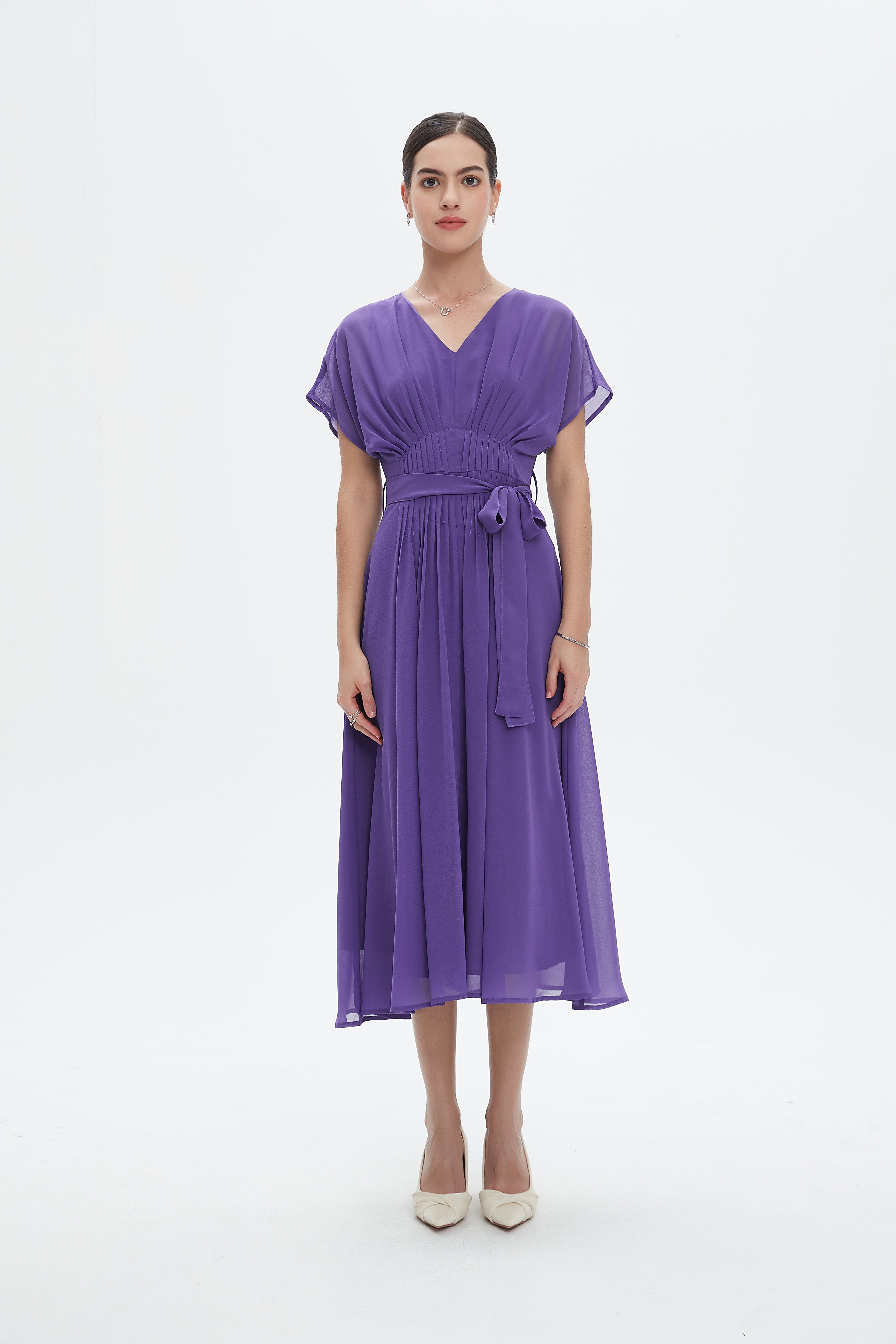 نتشي فستان ميدي سادة مخصر كم قصير مفتوح نسائي