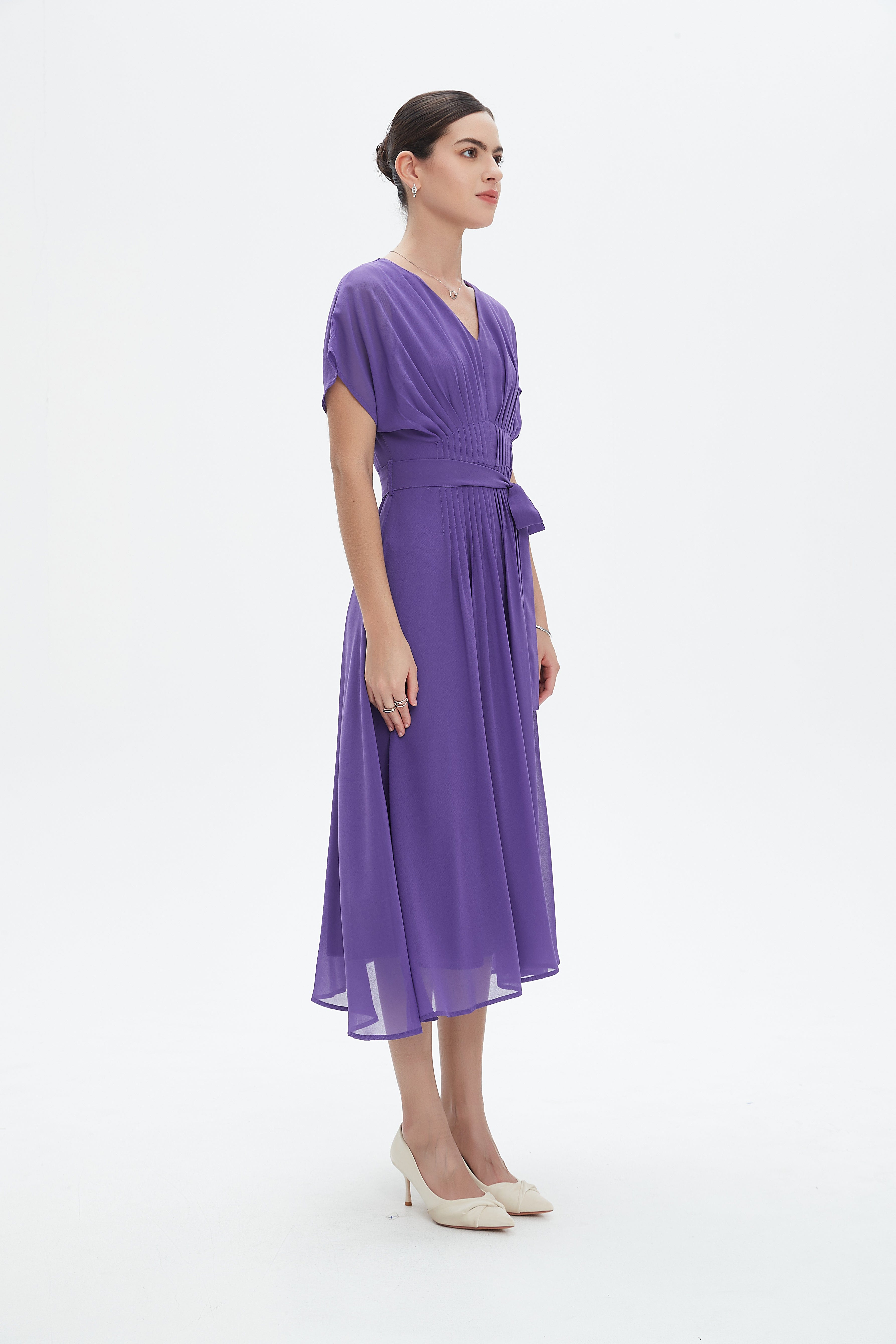 نتشي فستان ميدي سادة مخصر كم قصير مفتوح نسائي