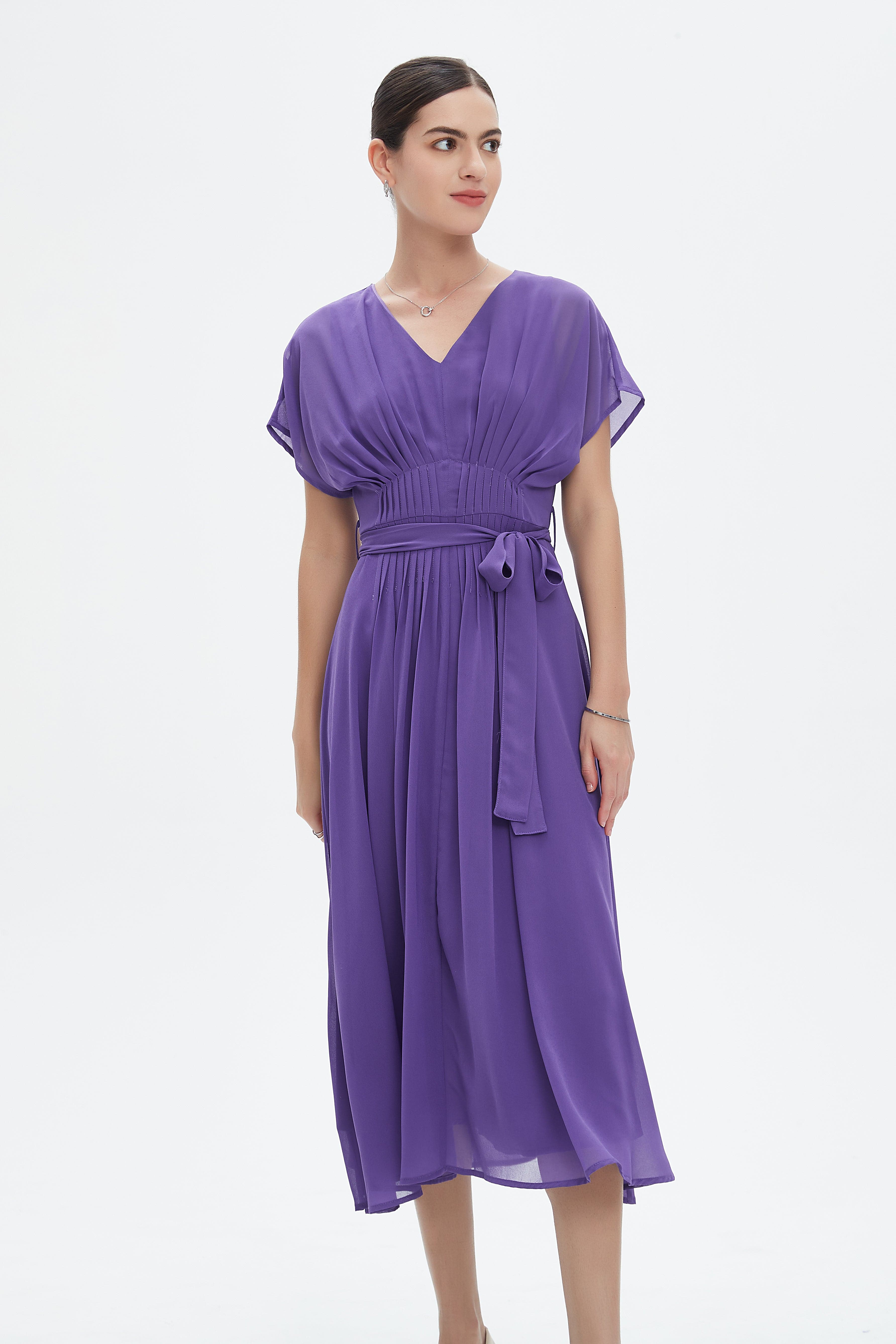 نتشي فستان ميدي سادة مخصر كم قصير مفتوح نسائي