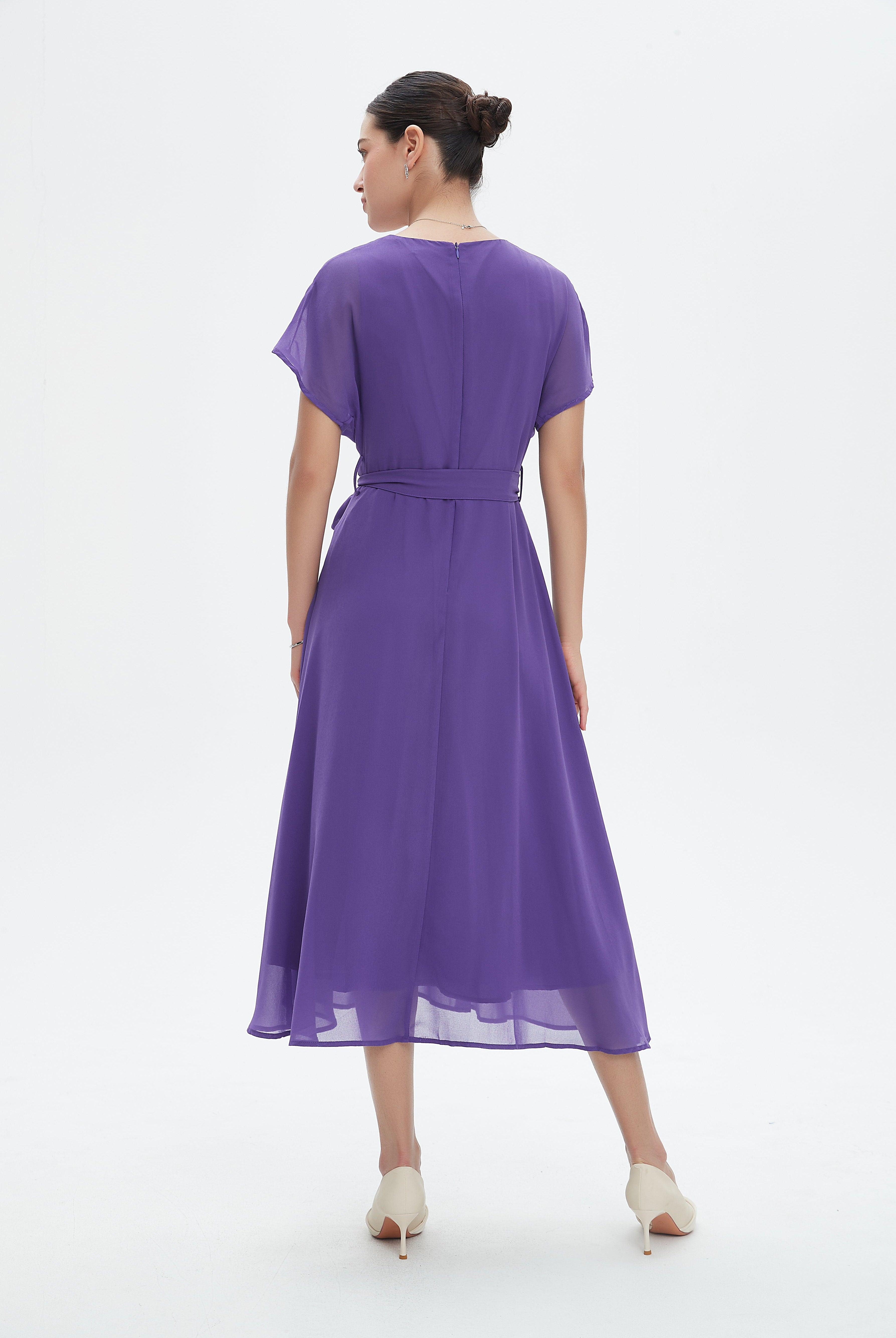 نتشي فستان ميدي سادة مخصر كم قصير مفتوح نسائي