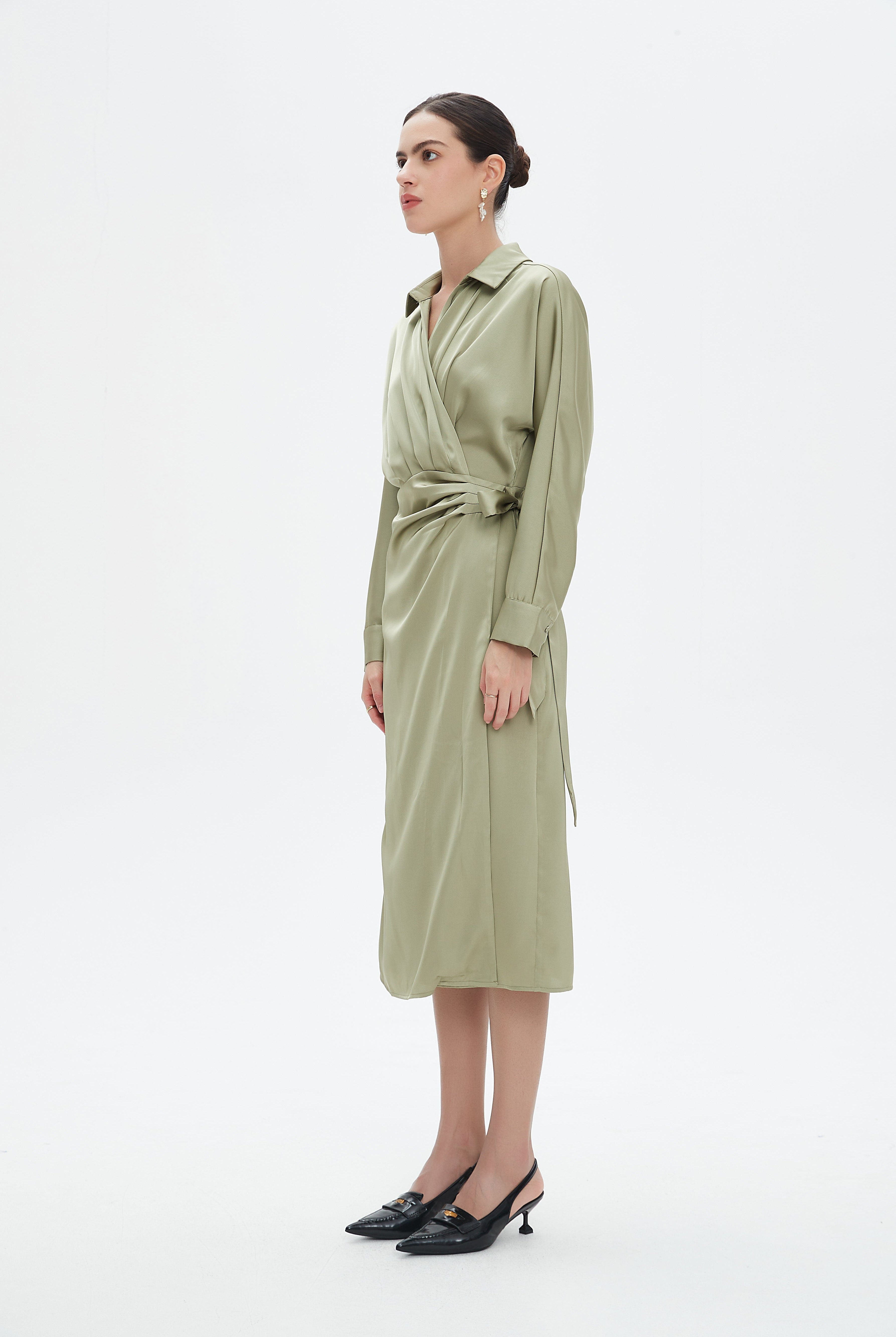 نتشي فستان ميدي بأكمام طويلة ملفوف نسائي