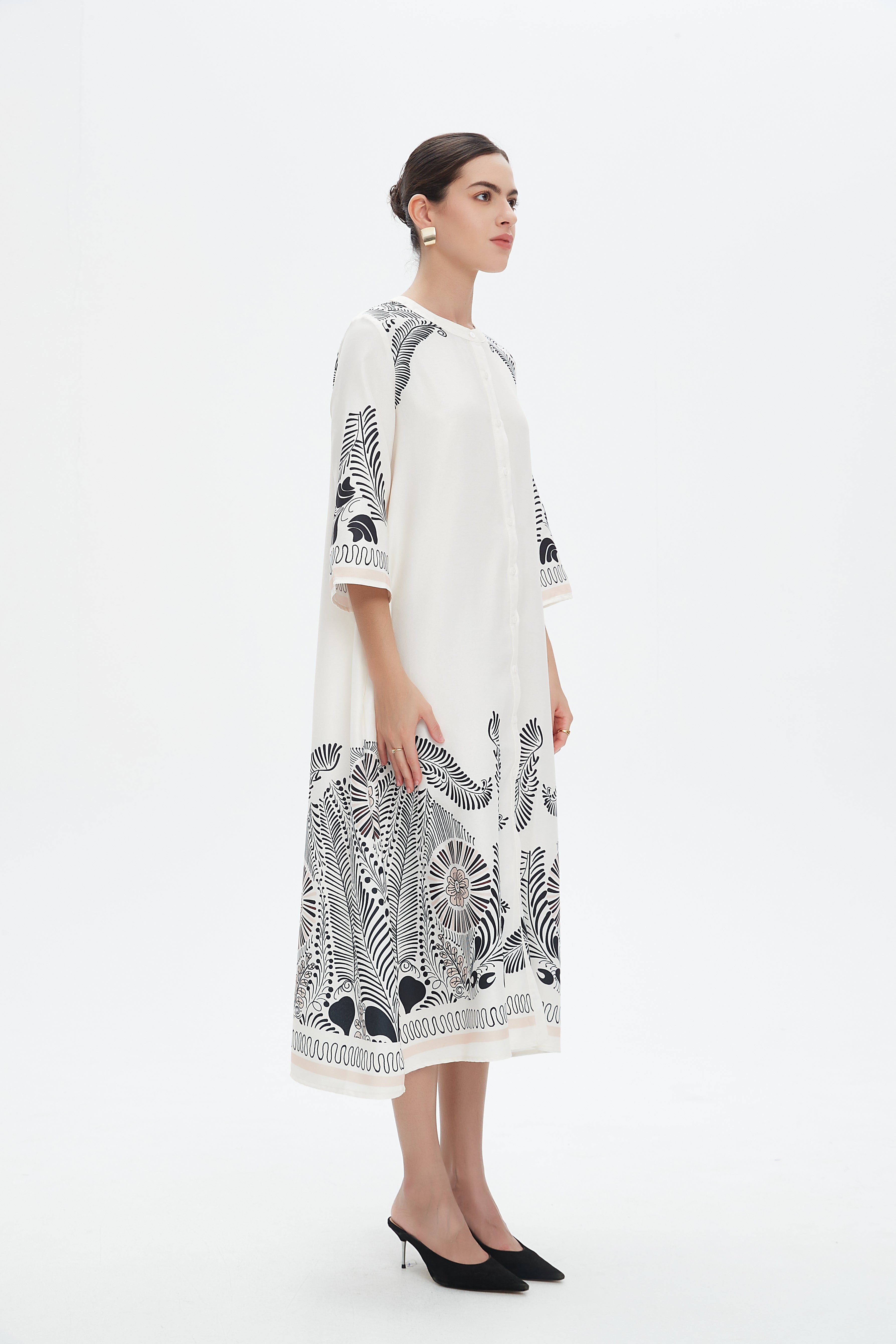 نتشي فستان ميدي 3/4 كم منقوش نسائي