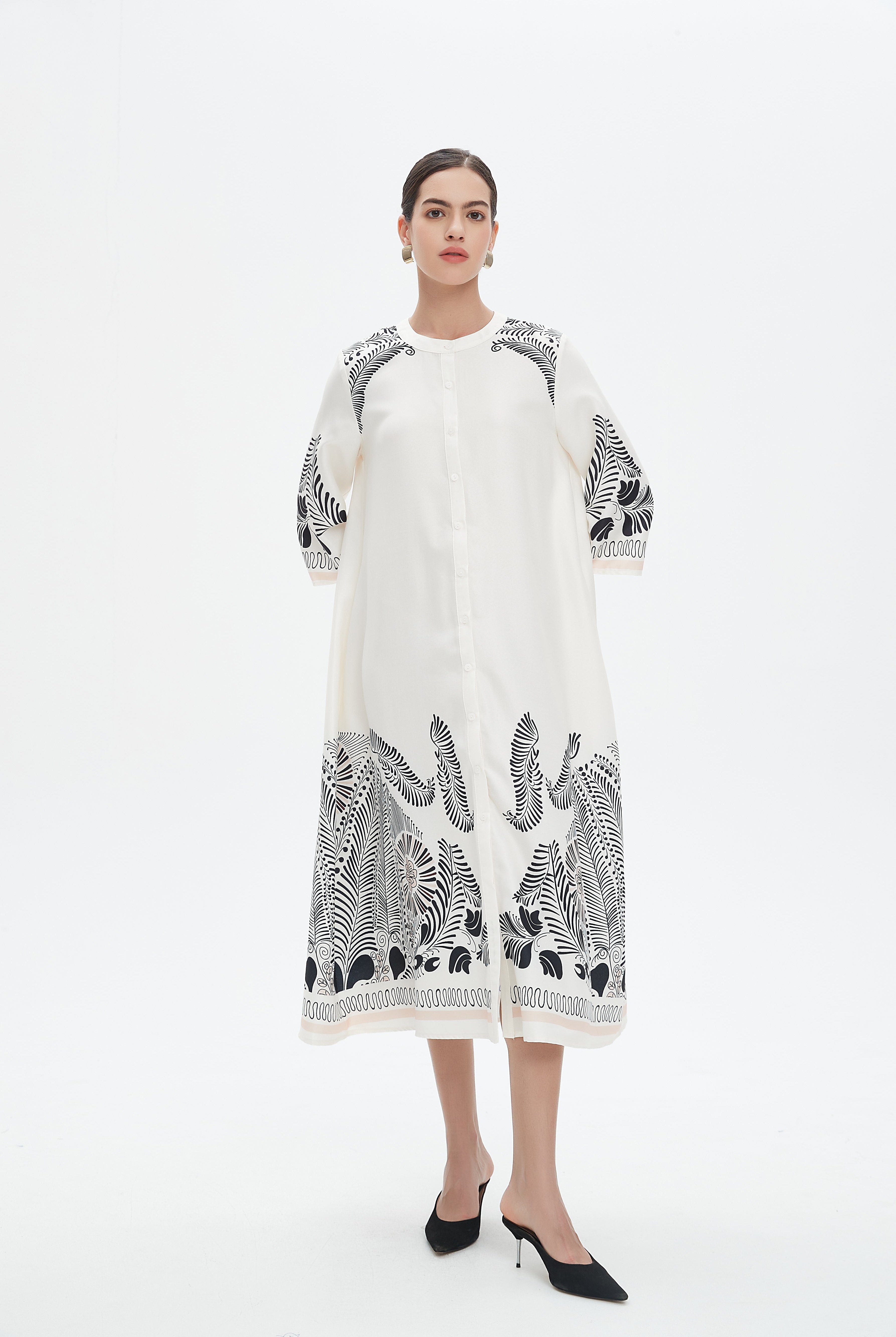 نتشي فستان ميدي 3/4 كم منقوش نسائي