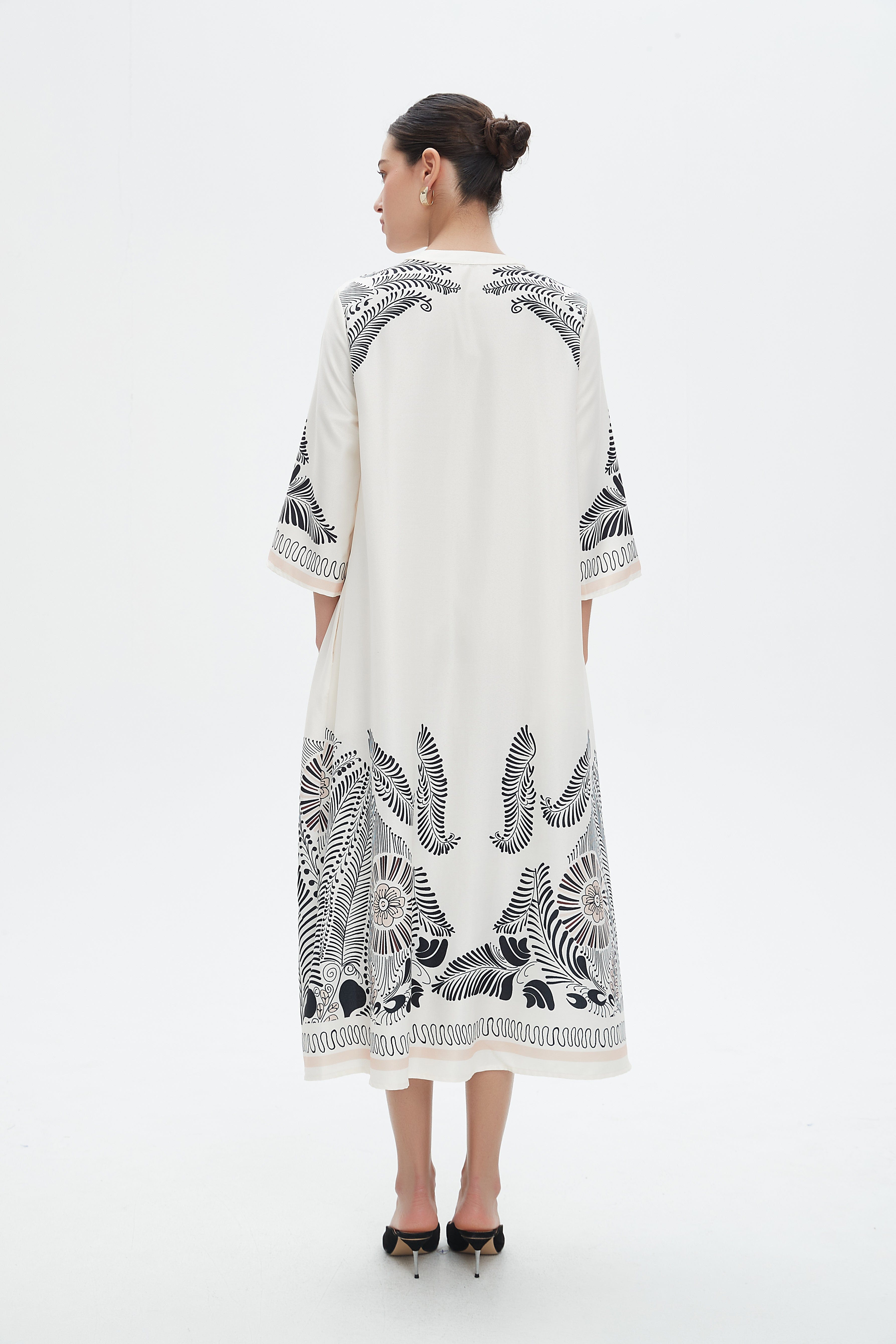 نتشي فستان ميدي 3/4 كم منقوش نسائي