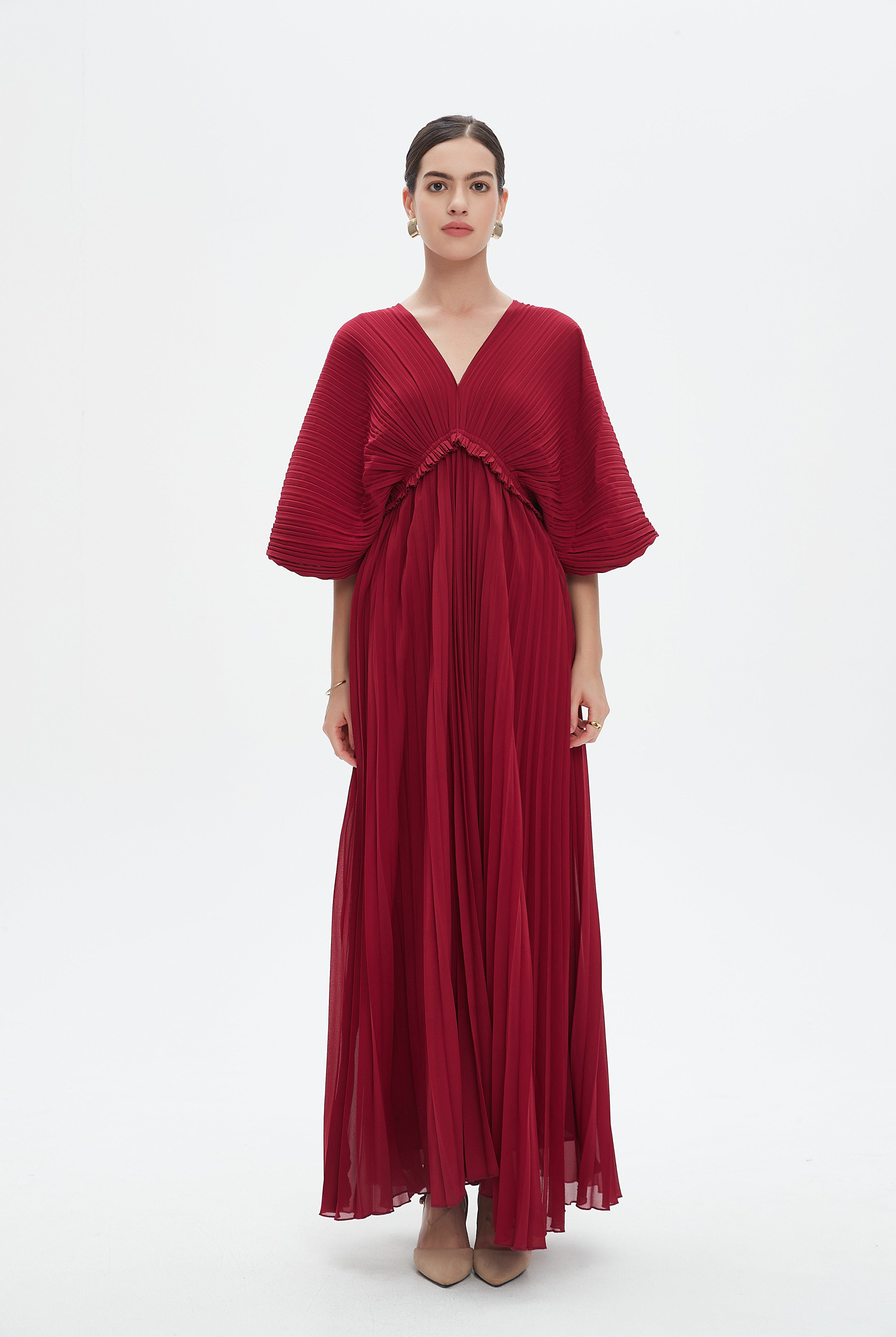 نتشي فستان ماكسي بأكمام فراشة مخصر نسائي