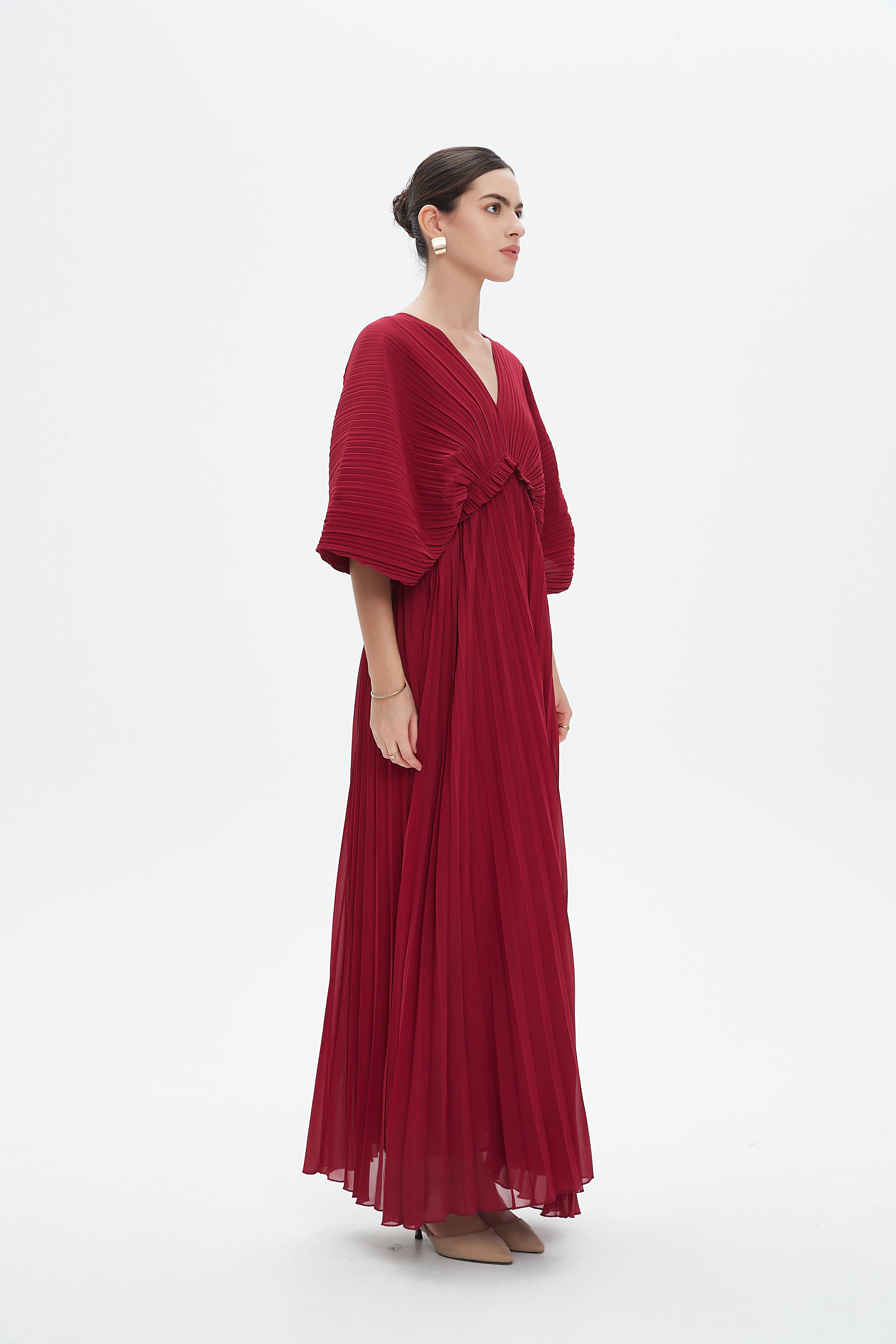 نتشي فستان ماكسي بأكمام فراشة مخصر نسائي