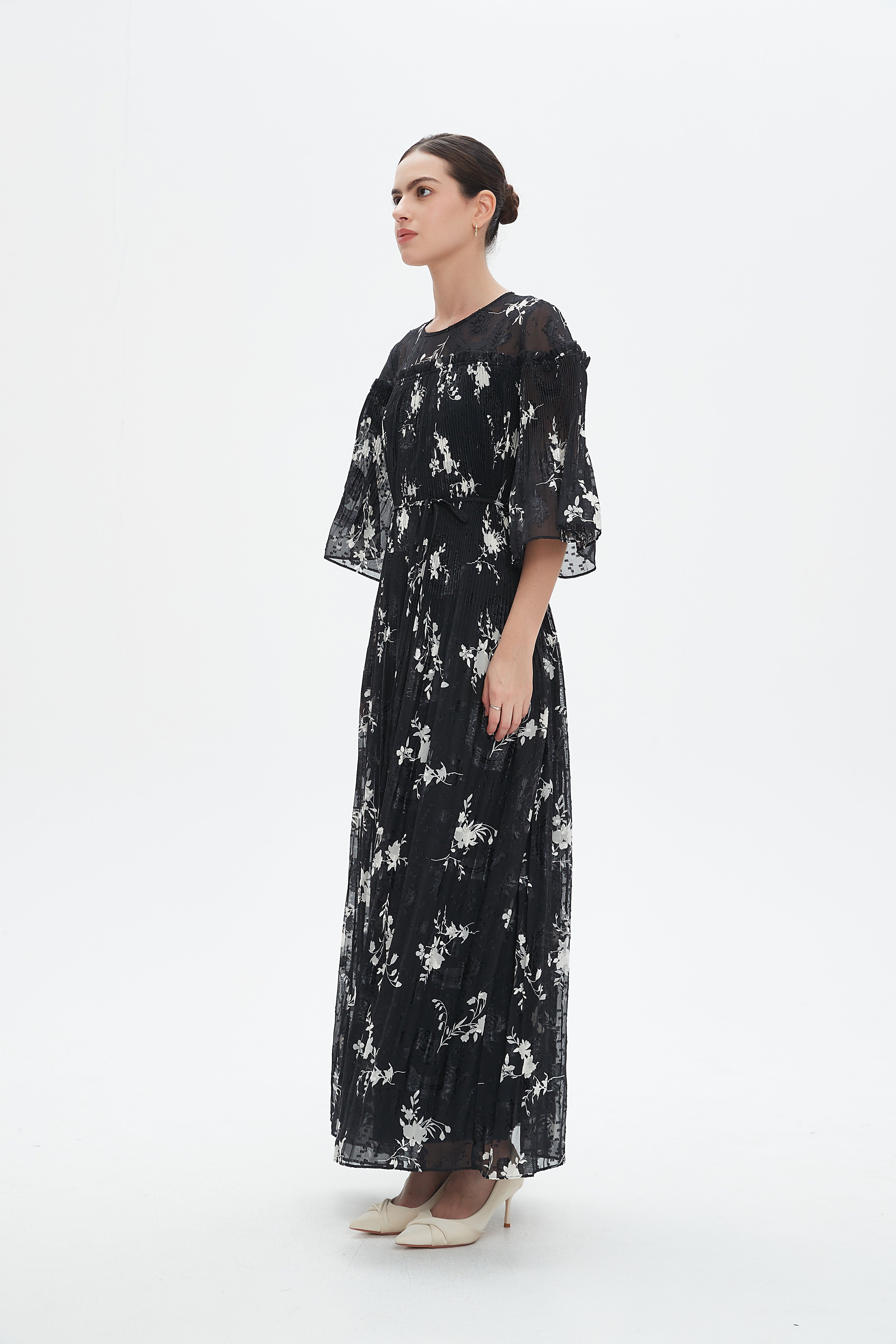 نتشي فستان مشجر مخصر 3/4 كم فراشة نسائي