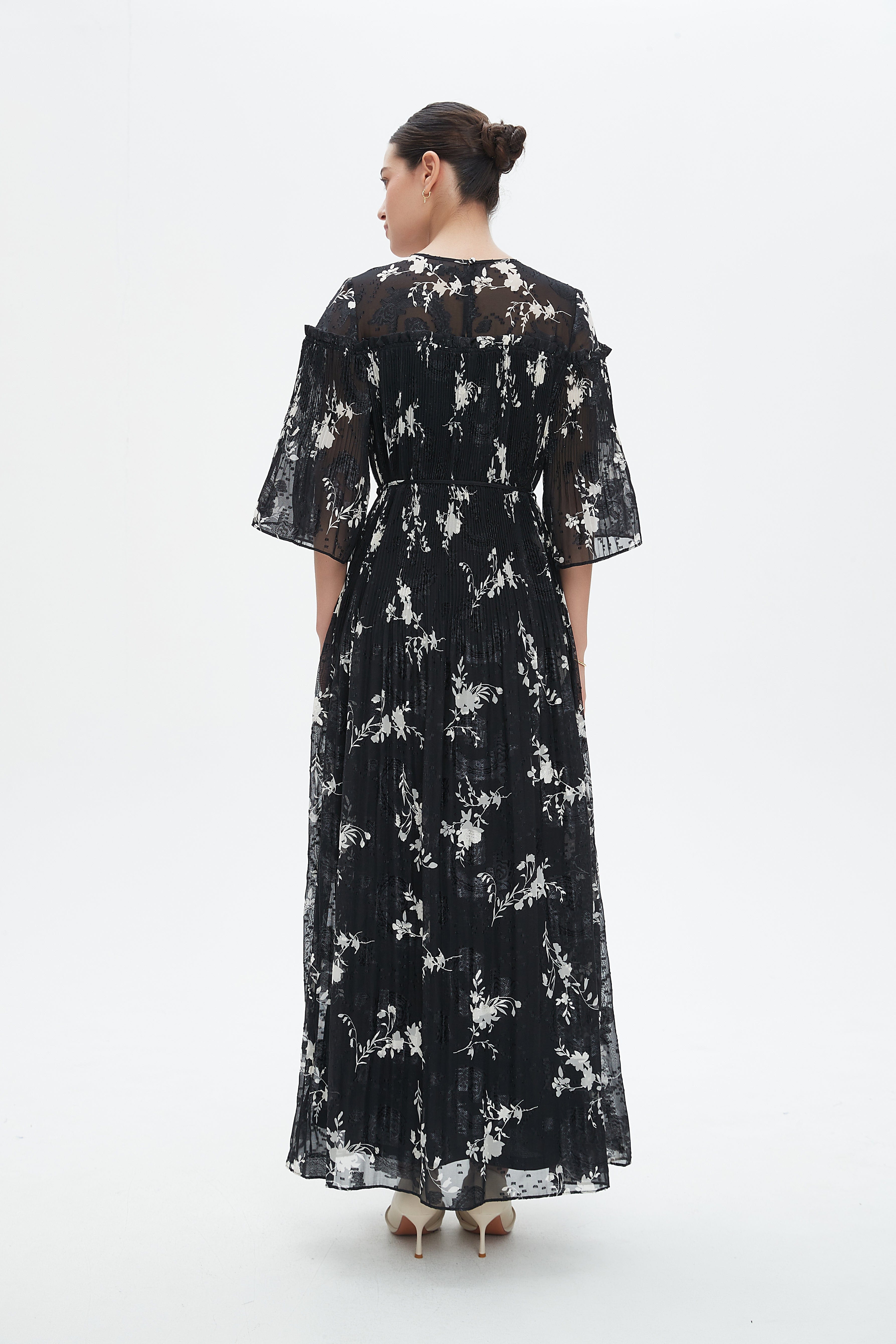 نتشي فستان مشجر مخصر 3/4 كم فراشة نسائي