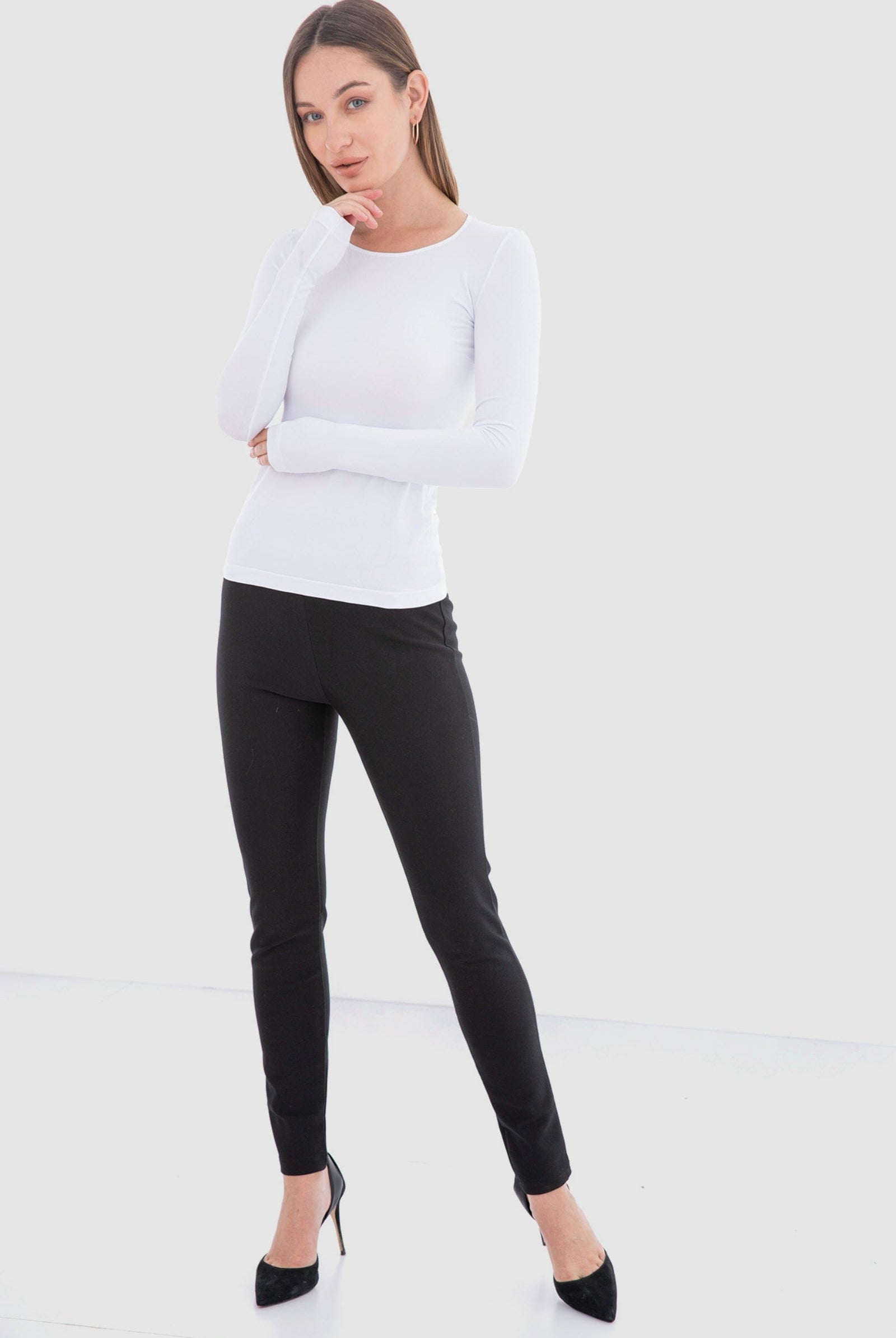 كارينا بلوزة سادة كم طويل من الميكروفايبر برقبة دائرية نسائي