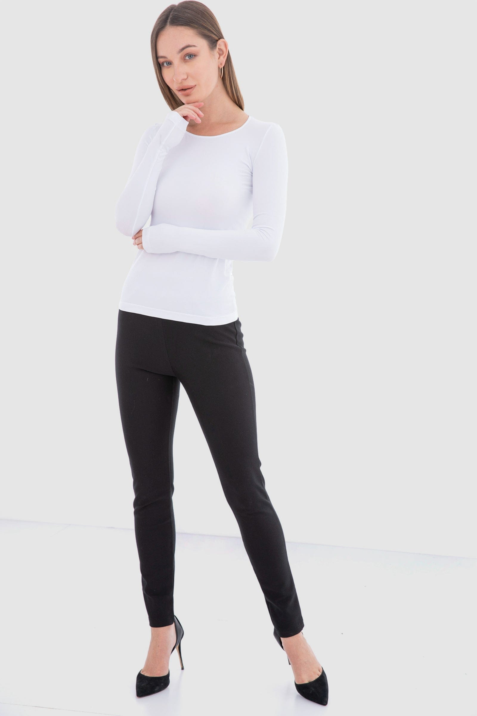 كارينا بلوزة سادة كم طويل من الميكروفايبر برقبة دائرية نسائي