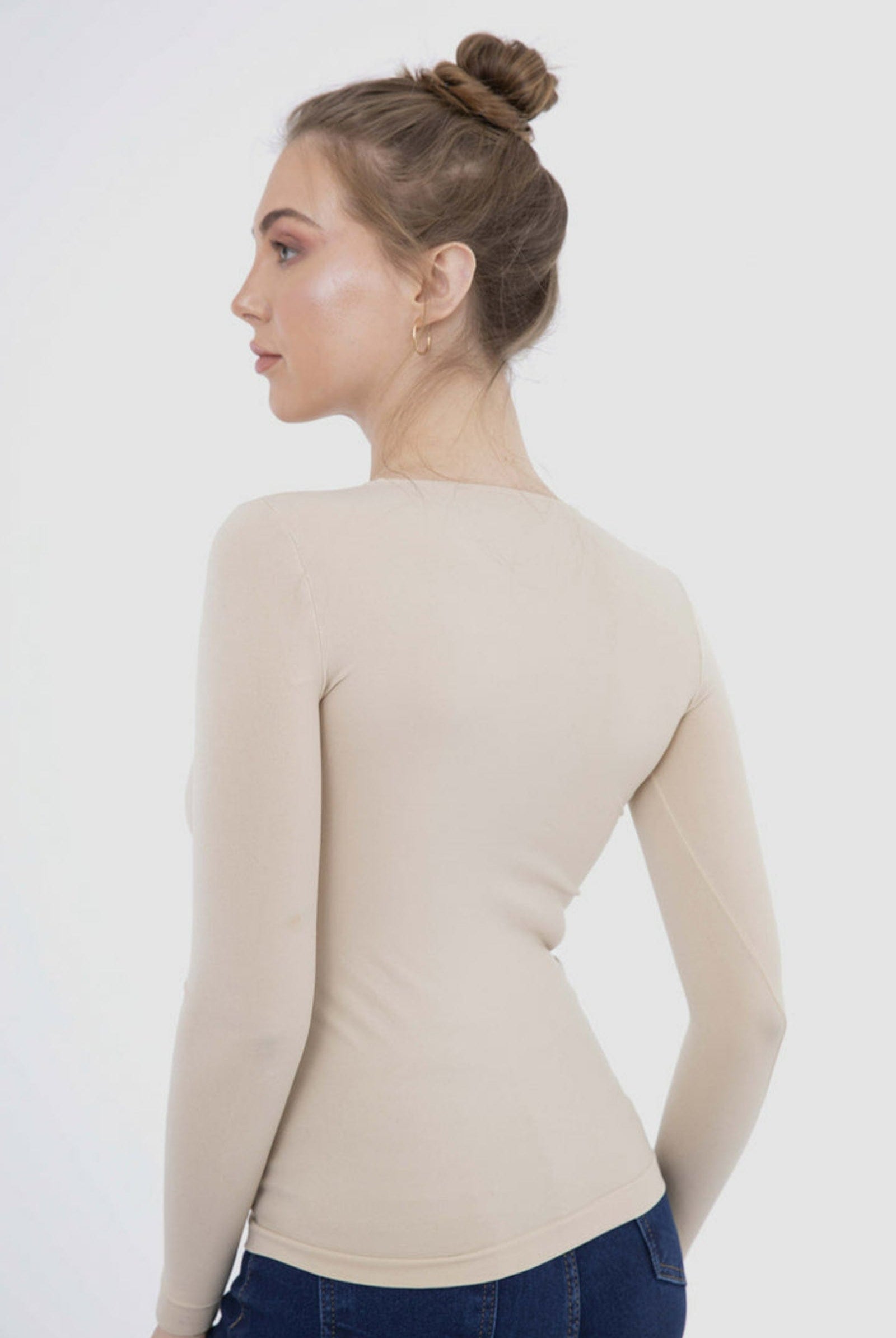 كارينا بلوزة سادة كم طويل من الميكروفايبر برقبة دائرية نسائي