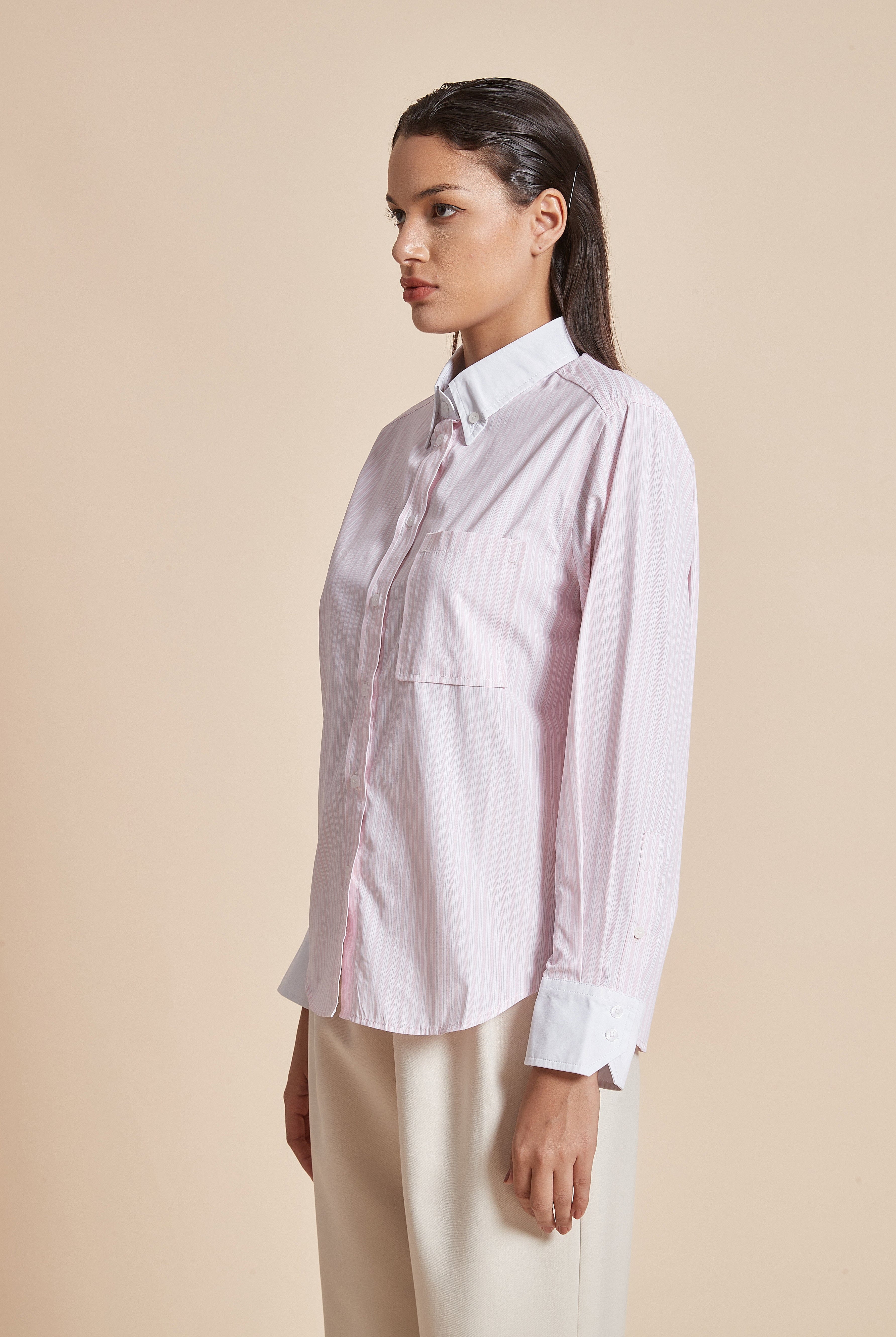 يولا بلوزة نسائية بكم طويل وياقة قميص مخططة بالطول