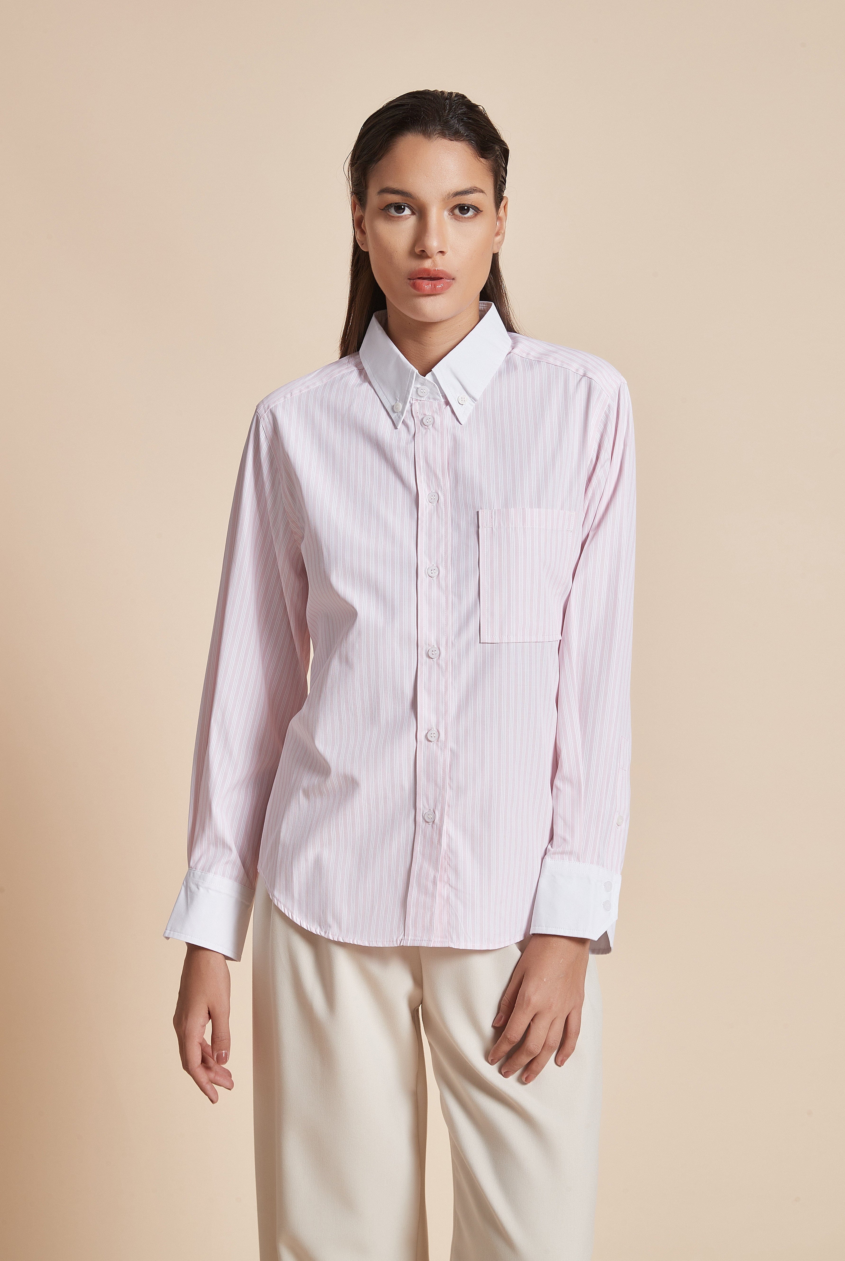 يولا بلوزة نسائية بكم طويل وياقة قميص مخططة بالطول