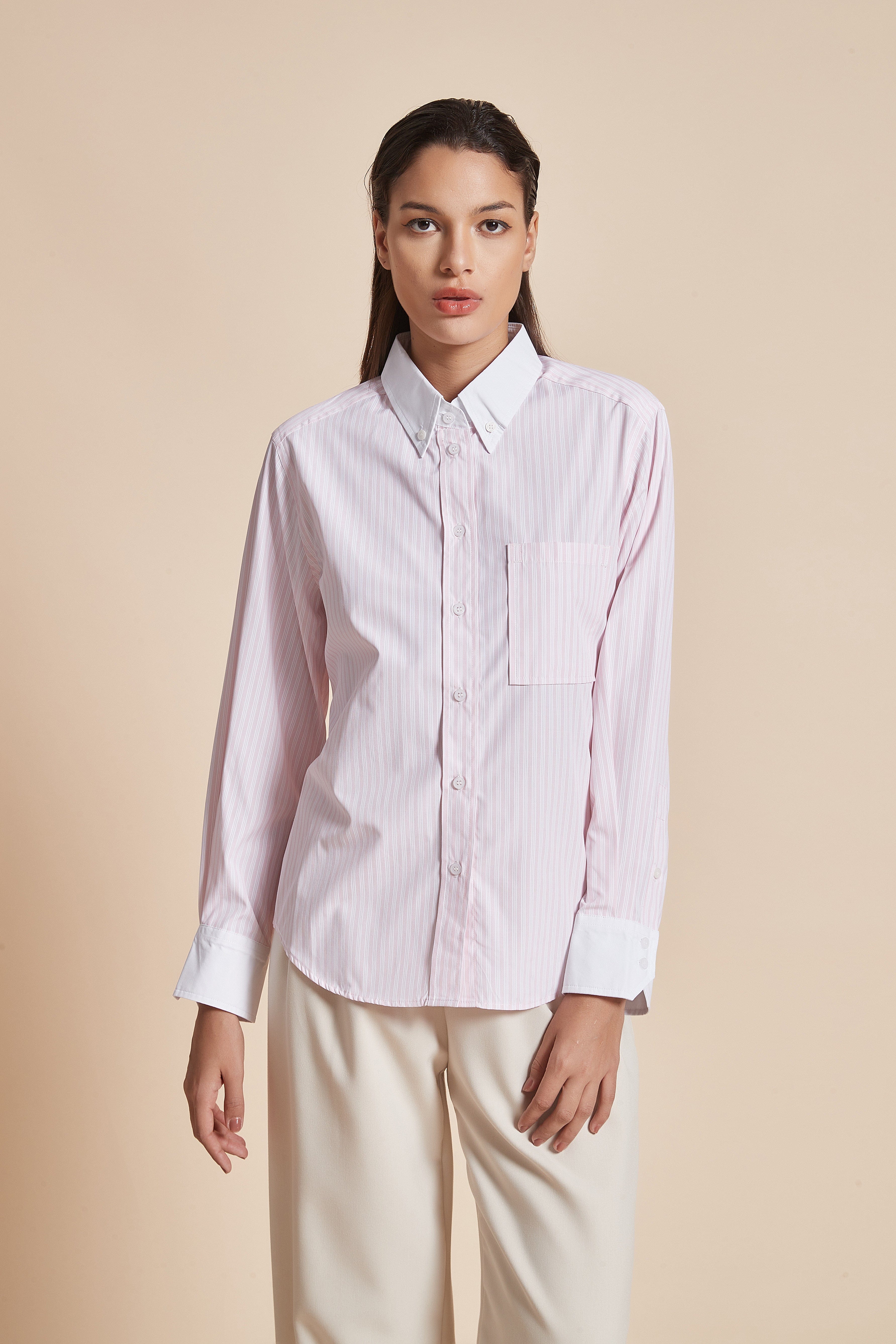 يولا بلوزة نسائية بكم طويل وياقة قميص مخططة بالطول