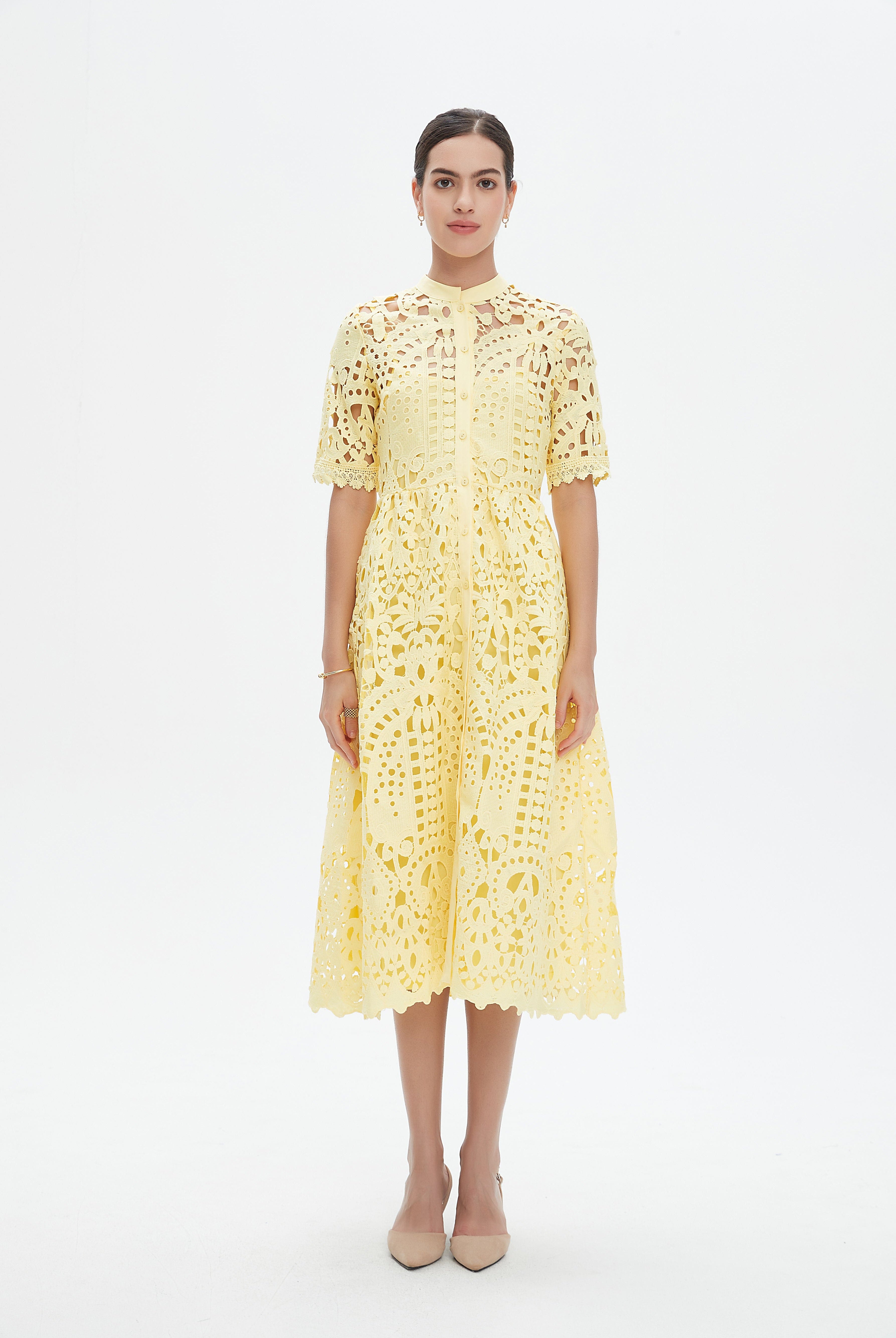 نتشي فستان ميدي دانتيل نسائي بأكمام قصيرة مخرمة