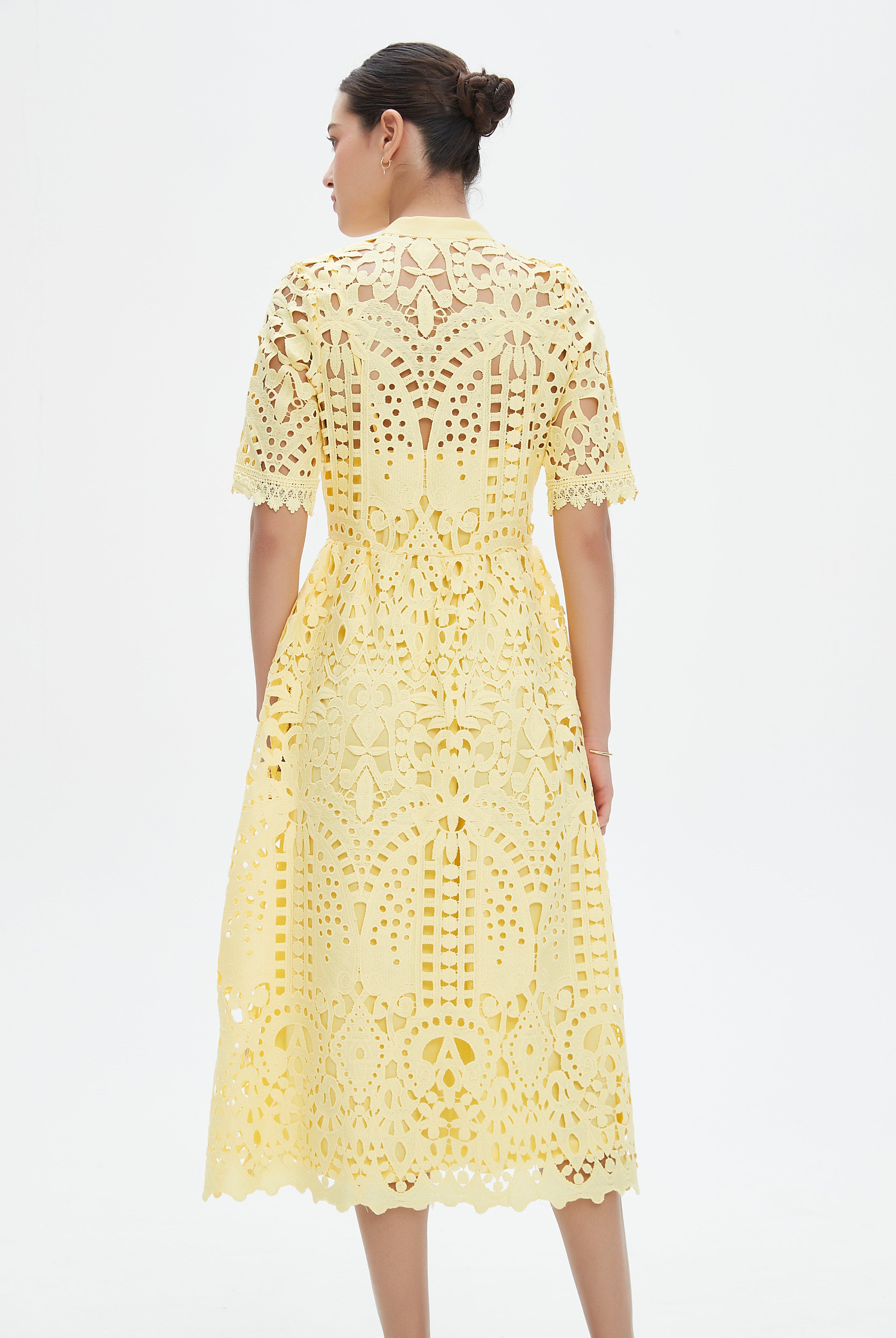 نتشي فستان ميدي دانتيل نسائي بأكمام قصيرة مخرمة