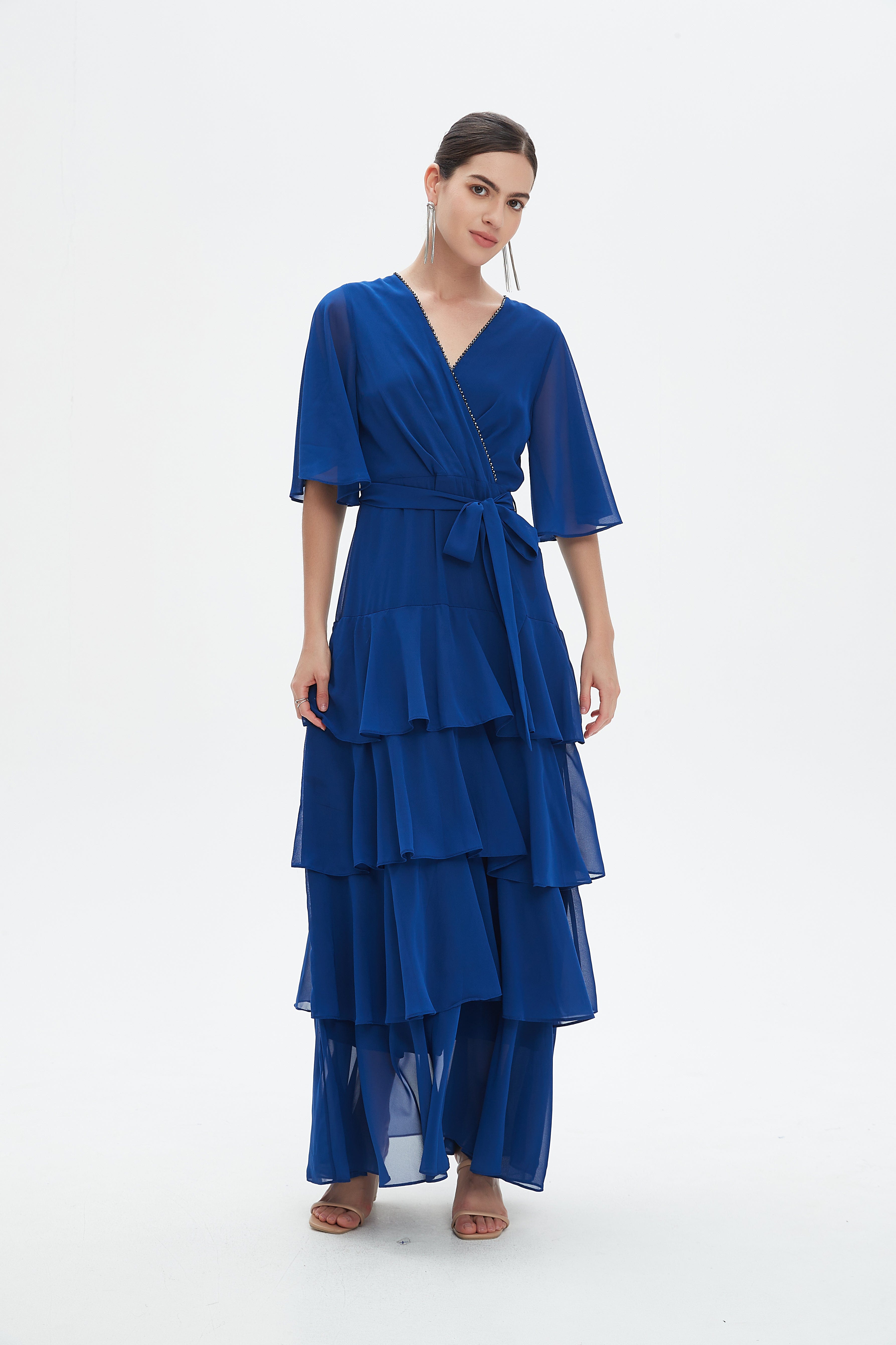 نتشي فستان ماكسي بأكمام فراشة سادة بكسرات نسائي