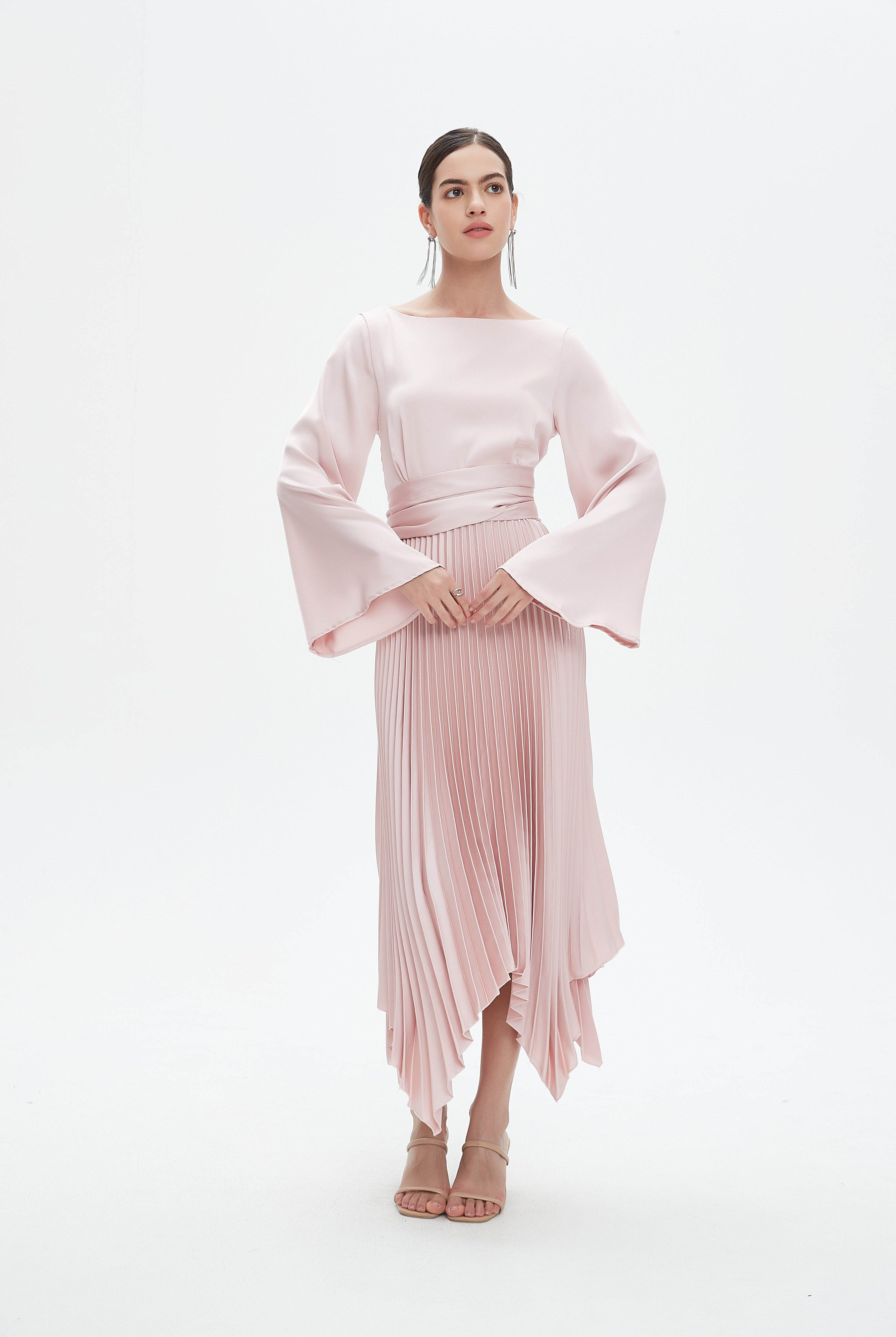 نتشي فستان سهرة نسائي سادة بقصة لف نصف كشكش وأكمام طويلة