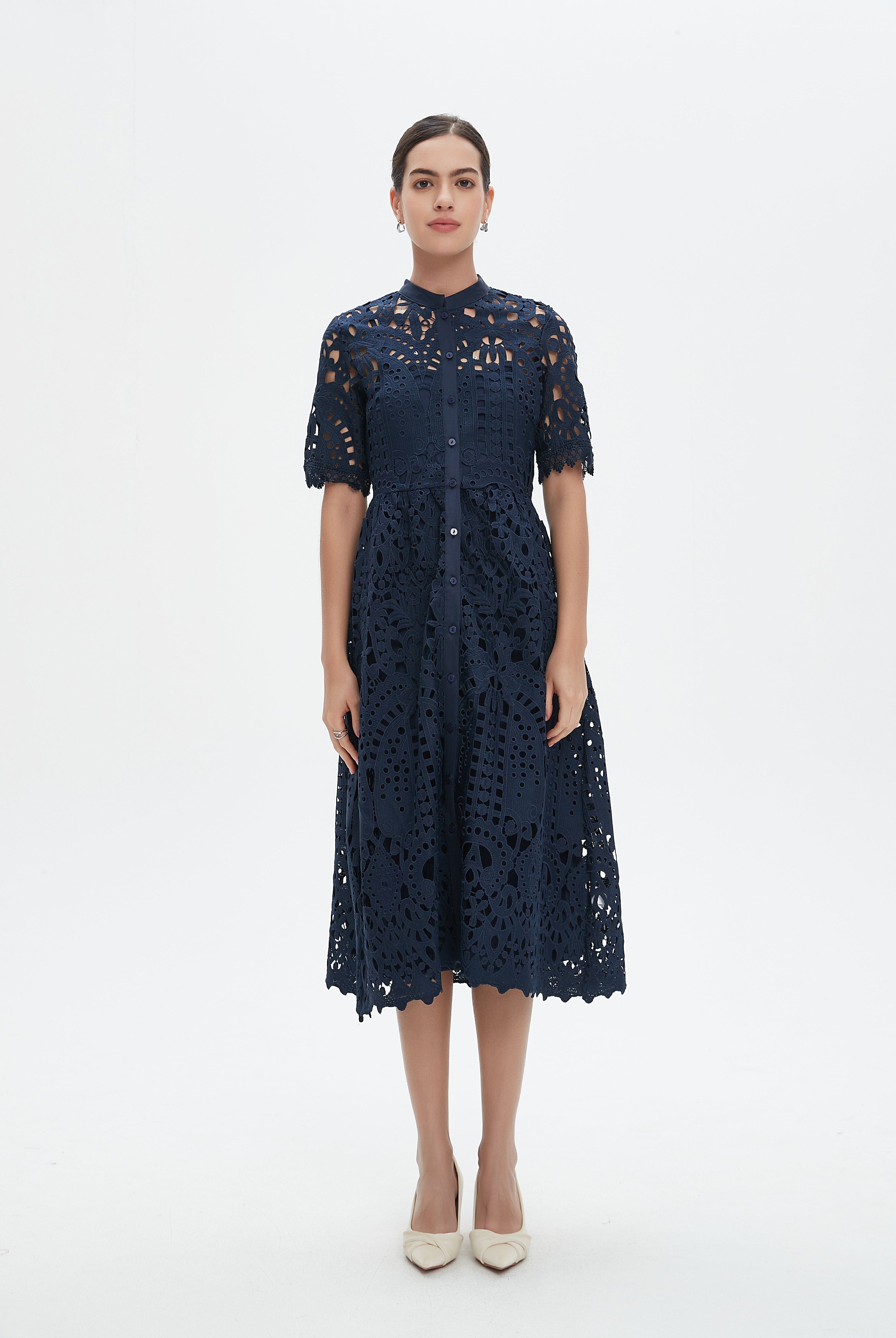 نتشي فستان ميدي دانتيل نسائي بأكمام قصيرة مخرمة