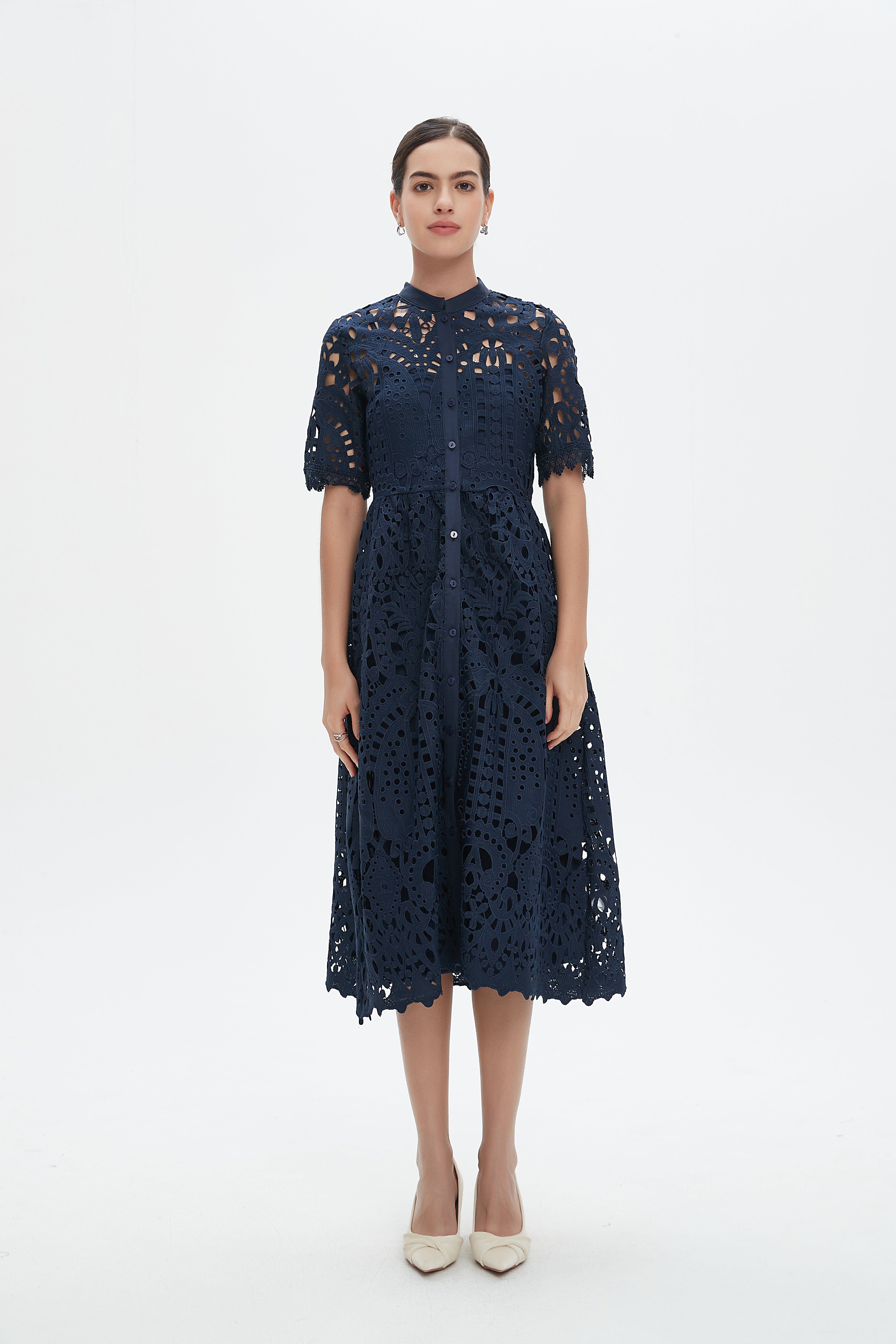 نتشي فستان ميدي دانتيل نسائي بأكمام قصيرة مخرمة