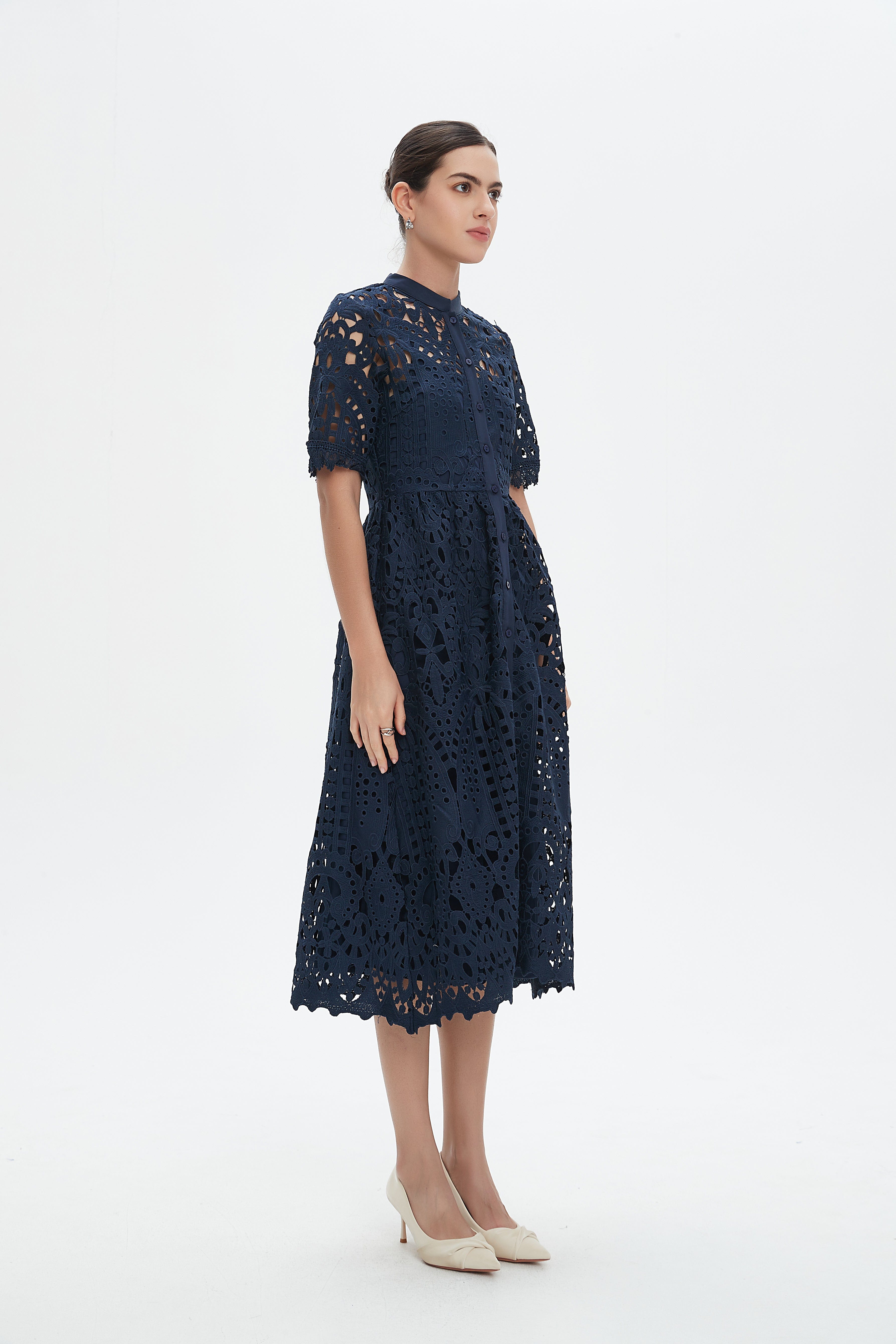 نتشي فستان ميدي دانتيل نسائي بأكمام قصيرة مخرمة