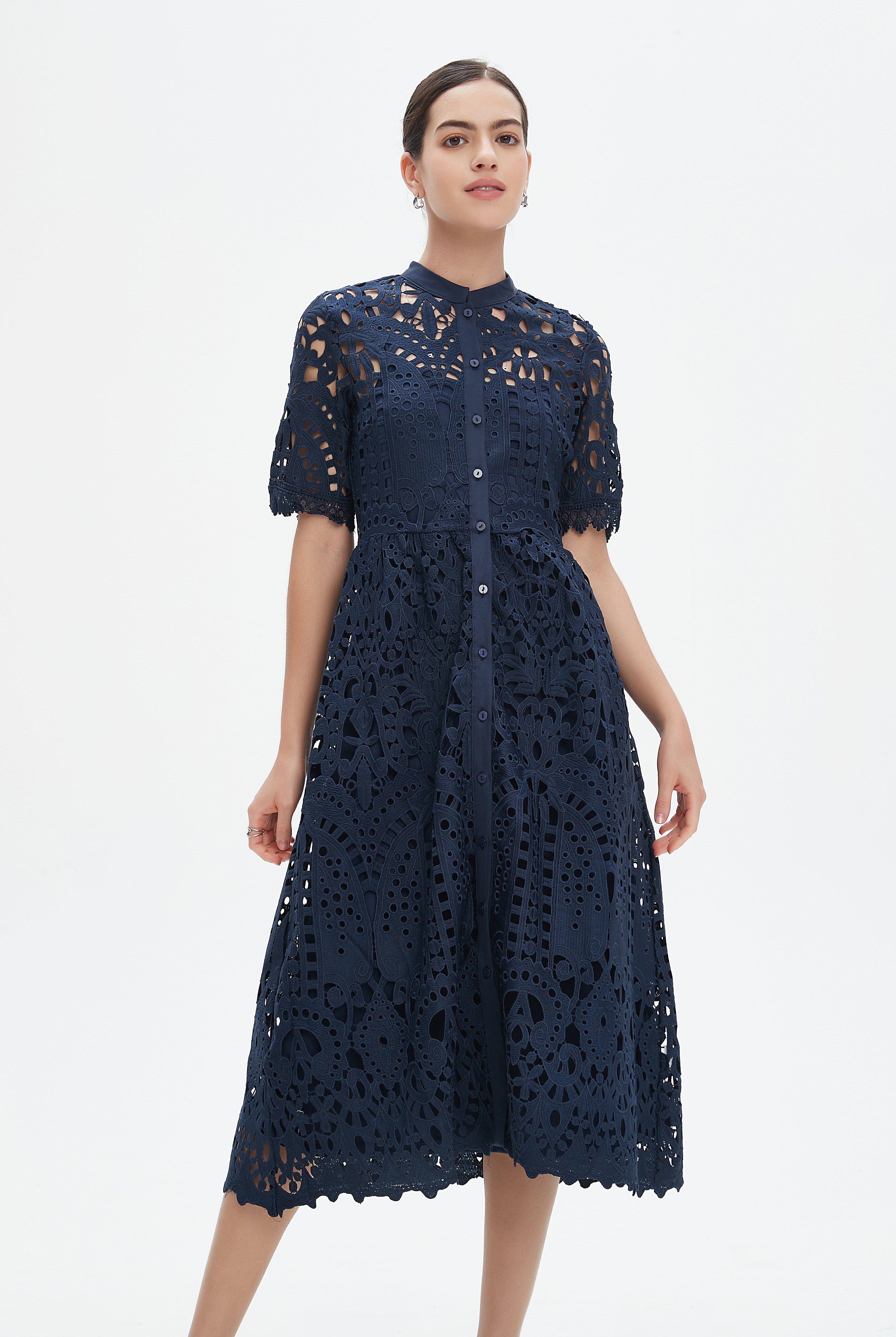 نتشي فستان ميدي دانتيل نسائي بأكمام قصيرة مخرمة