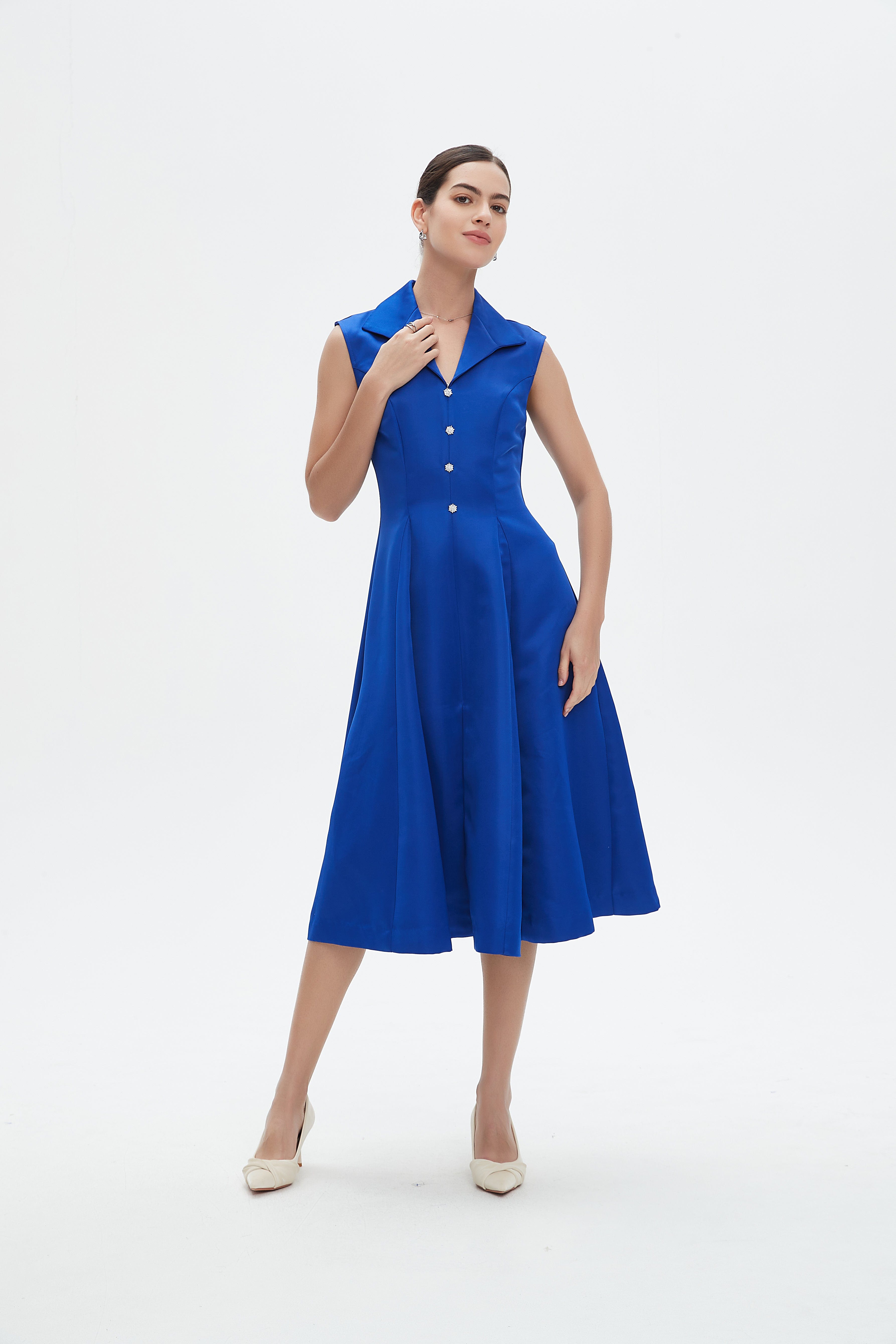 نتشي فستان ميدي بلا أكمام كت بأزرار أمامية نسائي