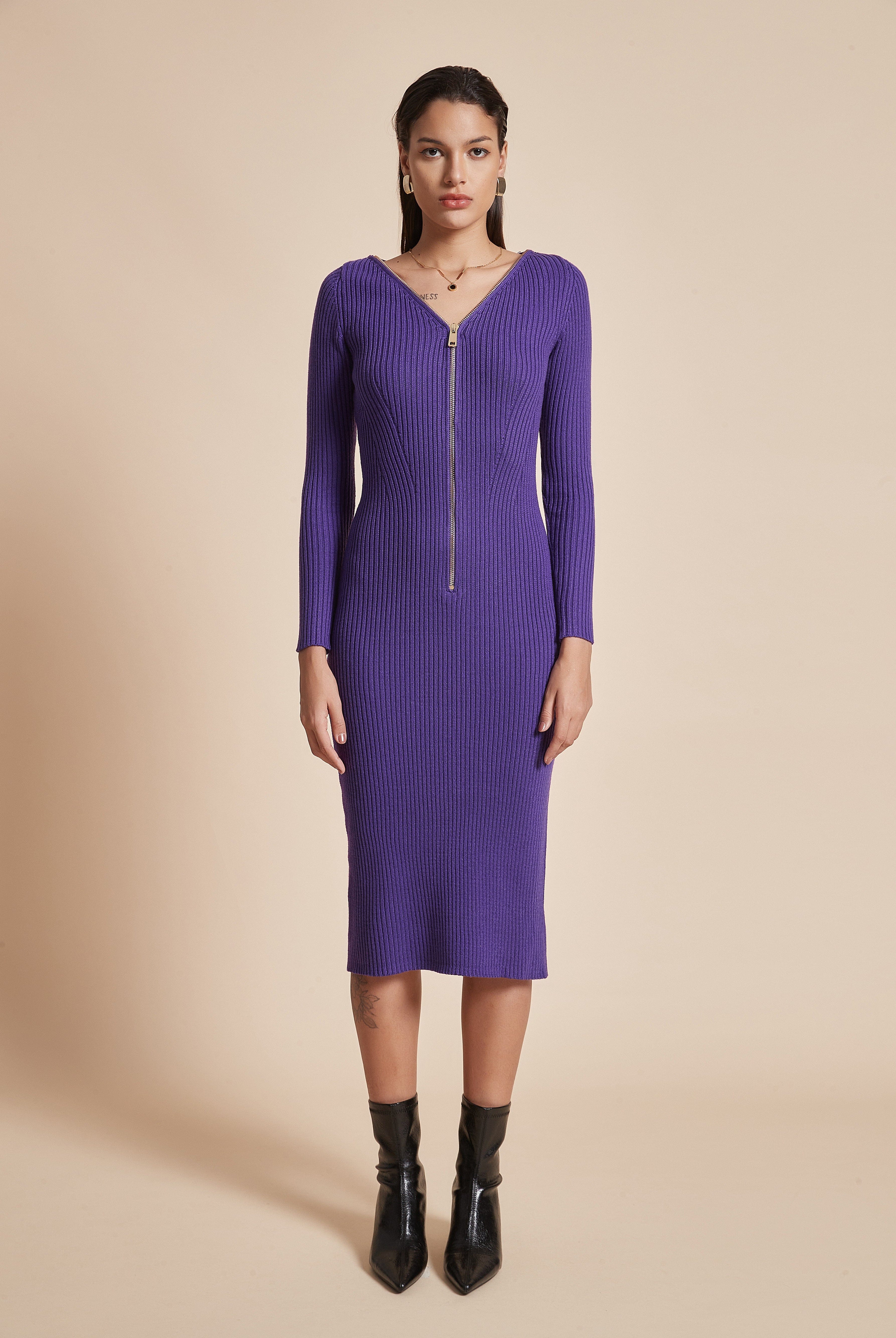 يولا فستان نسائي مضلع ميدي بكم طويل ورقبة على شكل V مع سحاب أمامي