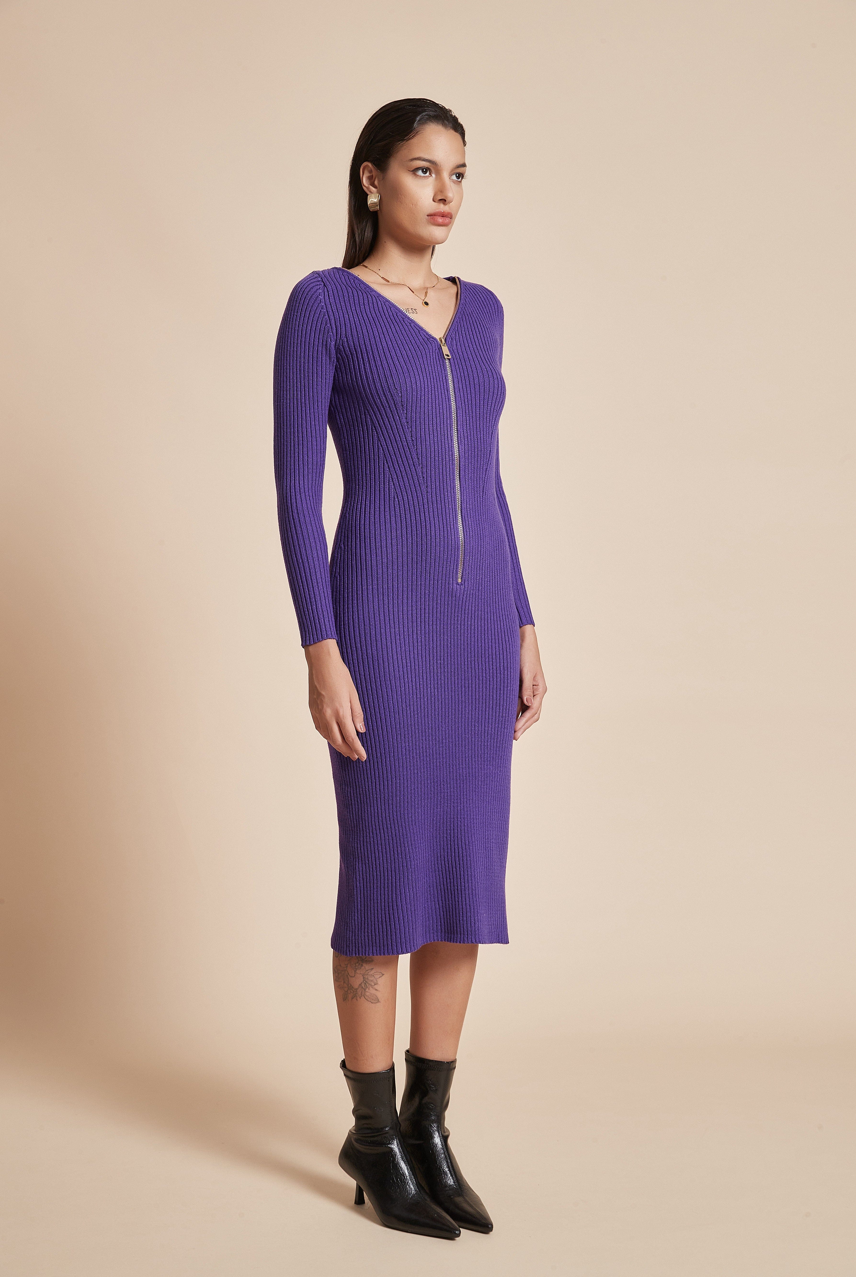 يولا فستان نسائي مضلع ميدي بكم طويل ورقبة على شكل V مع سحاب أمامي