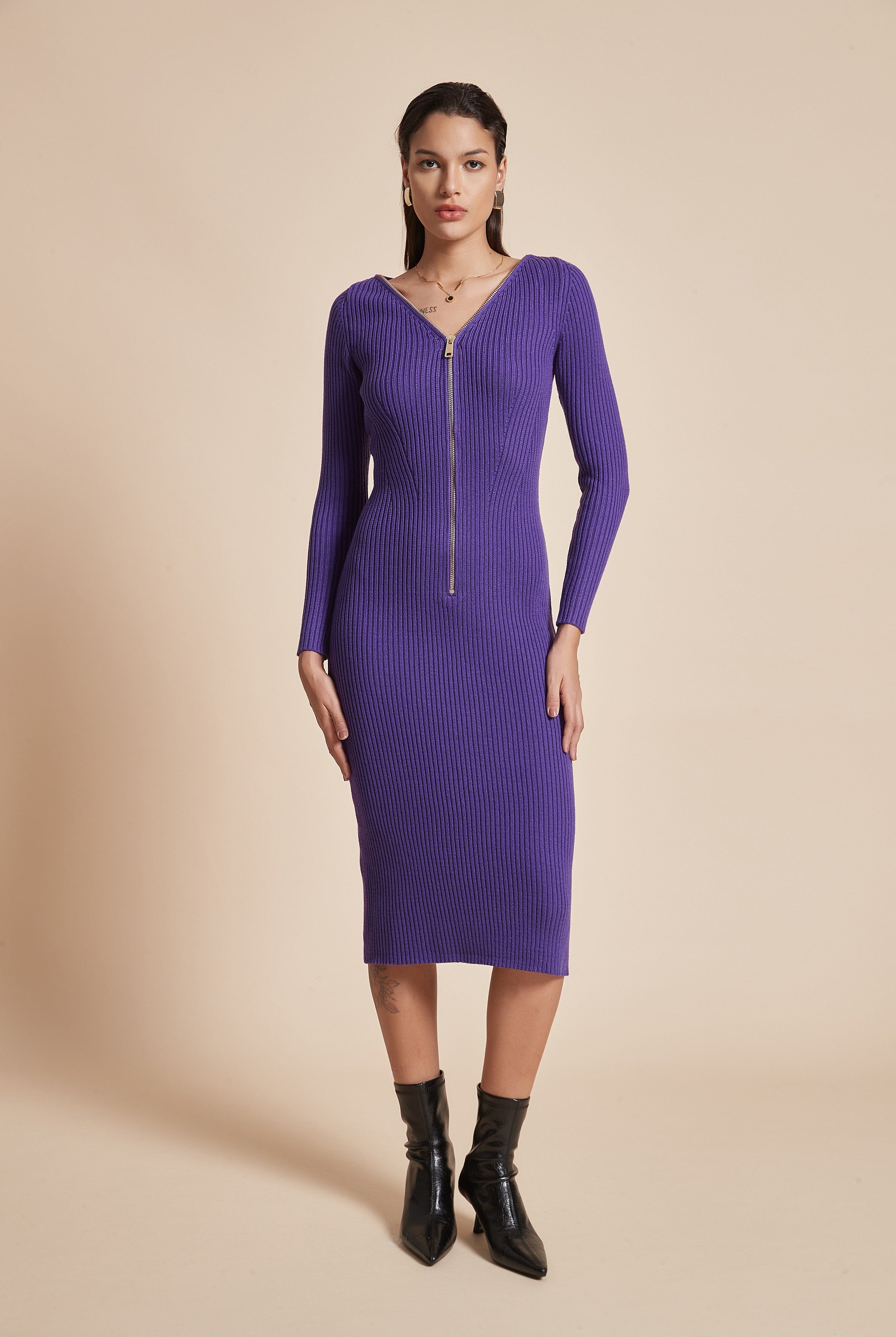 يولا فستان نسائي مضلع ميدي بكم طويل ورقبة على شكل V مع سحاب أمامي