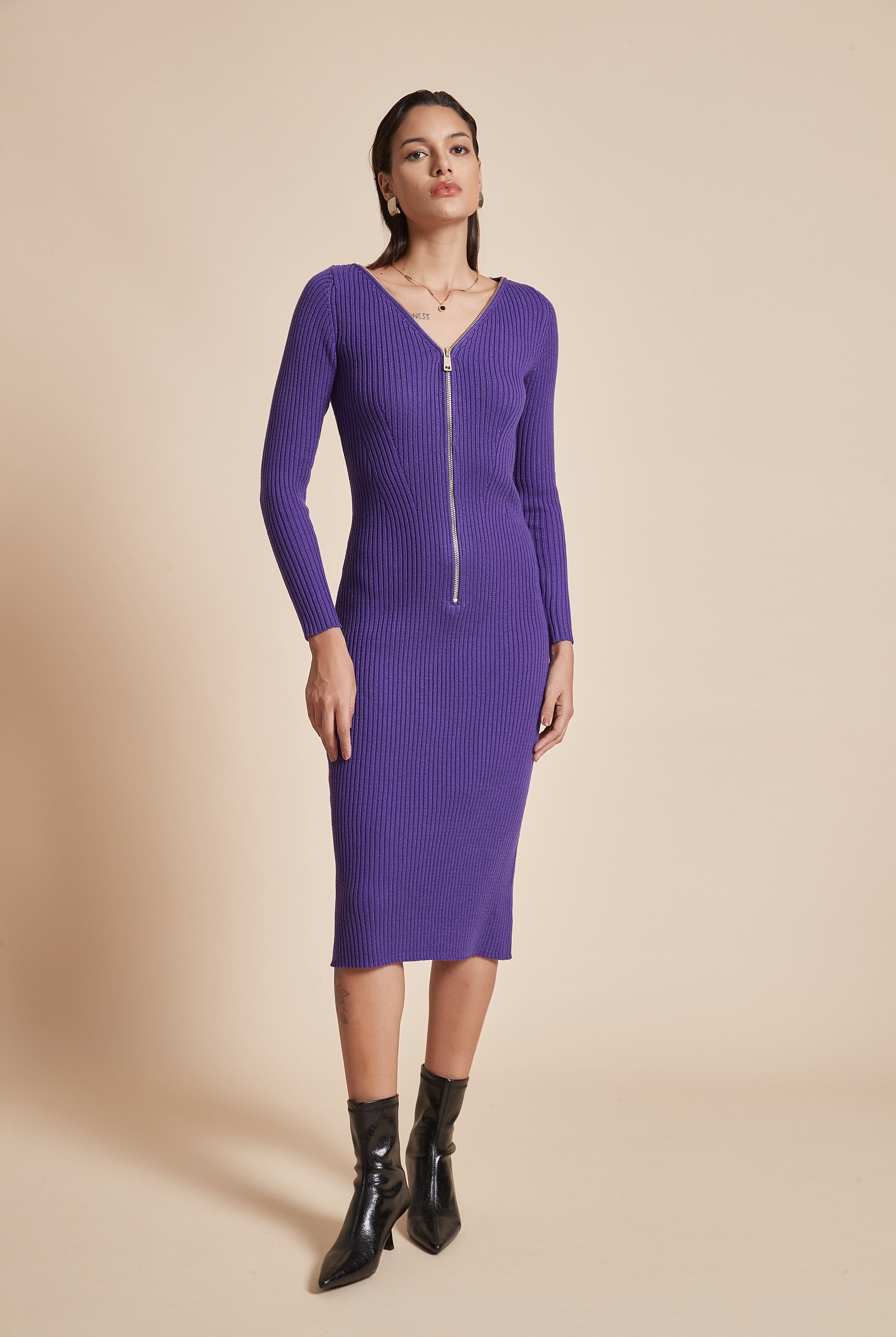 يولا فستان نسائي مضلع ميدي بكم طويل ورقبة على شكل V مع سحاب أمامي