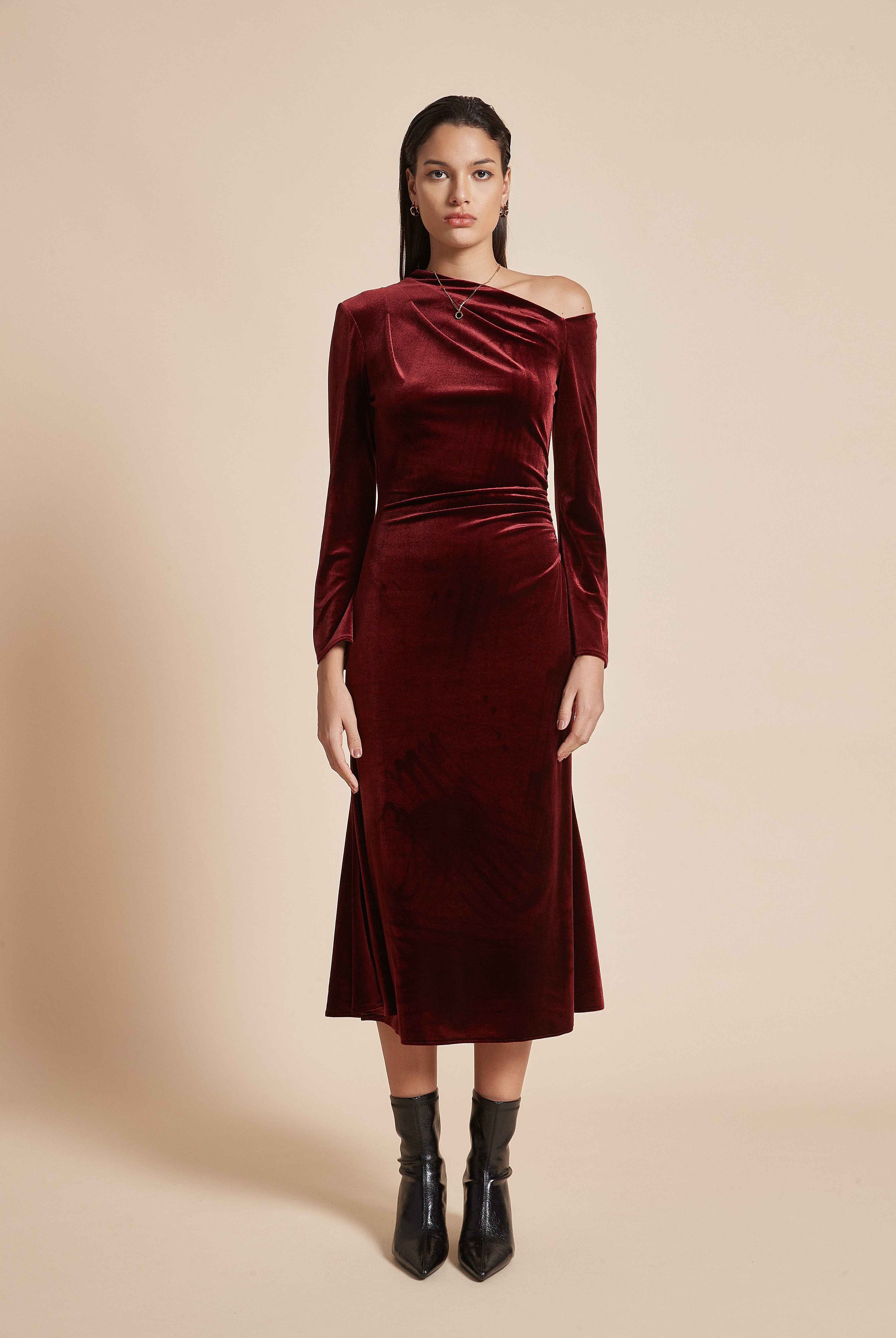 يولا فستان نسائي ميدي بكم طويل أوف شولدر سادة