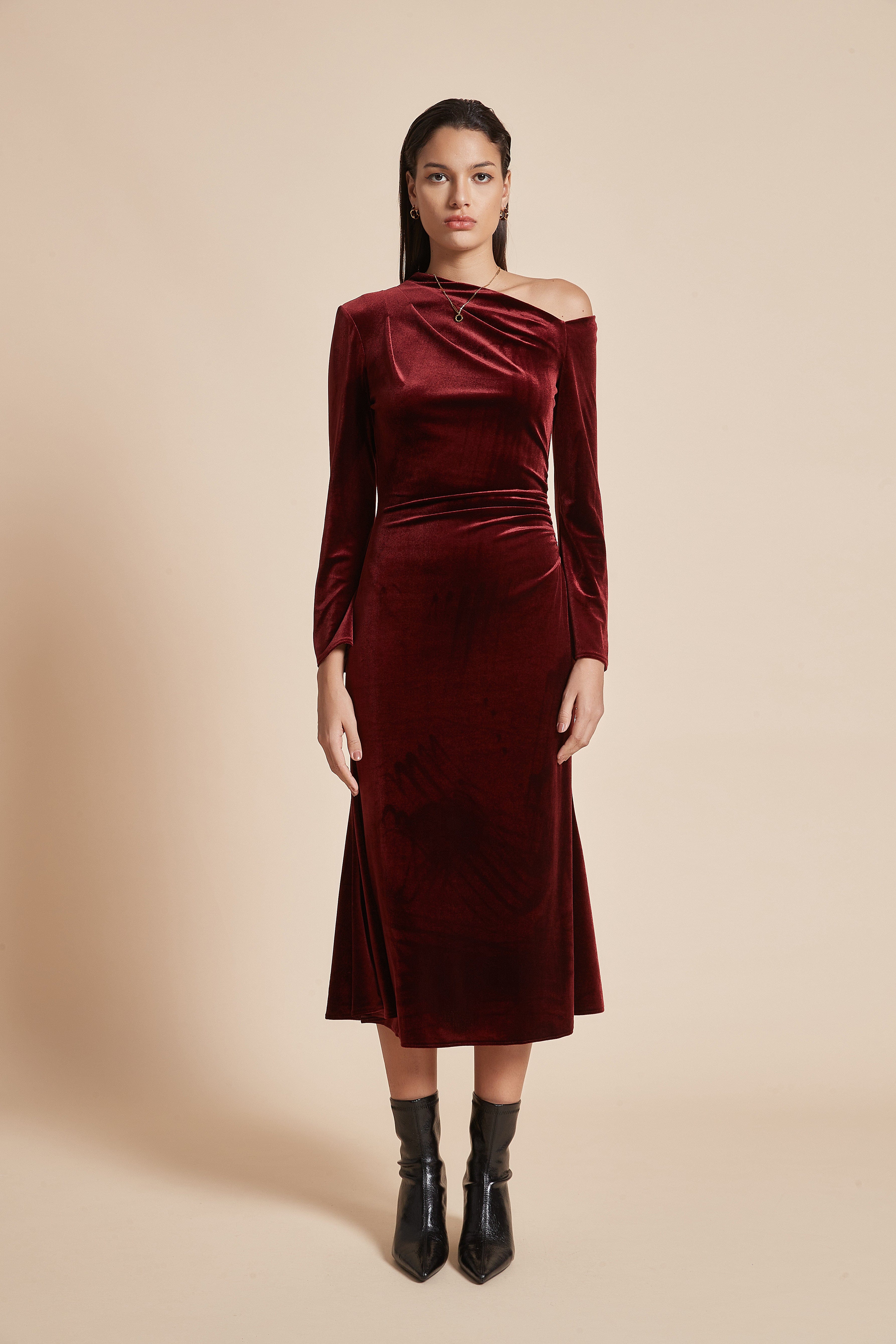 يولا فستان نسائي ميدي بكم طويل أوف شولدر سادة