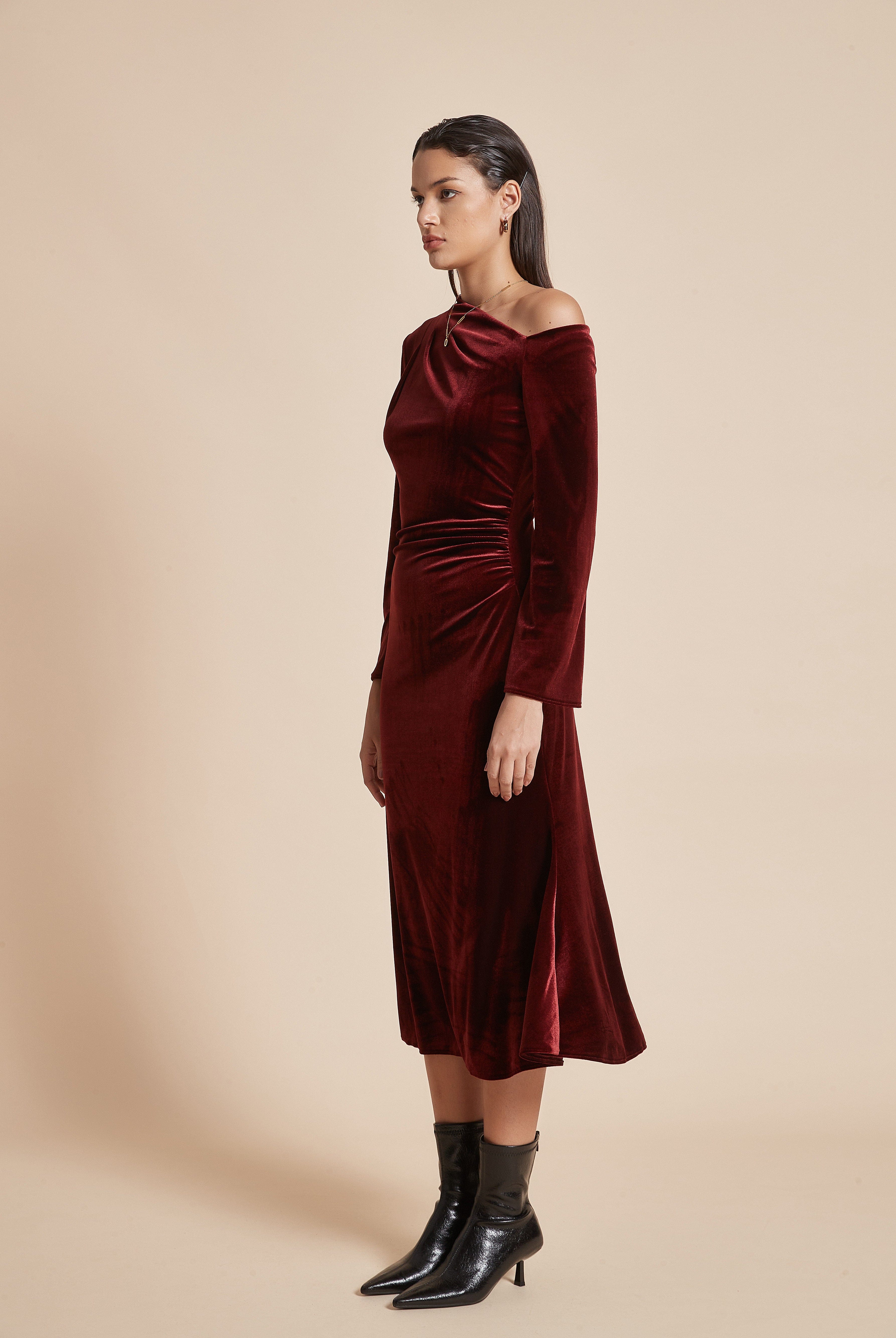 يولا فستان نسائي ميدي بكم طويل أوف شولدر سادة