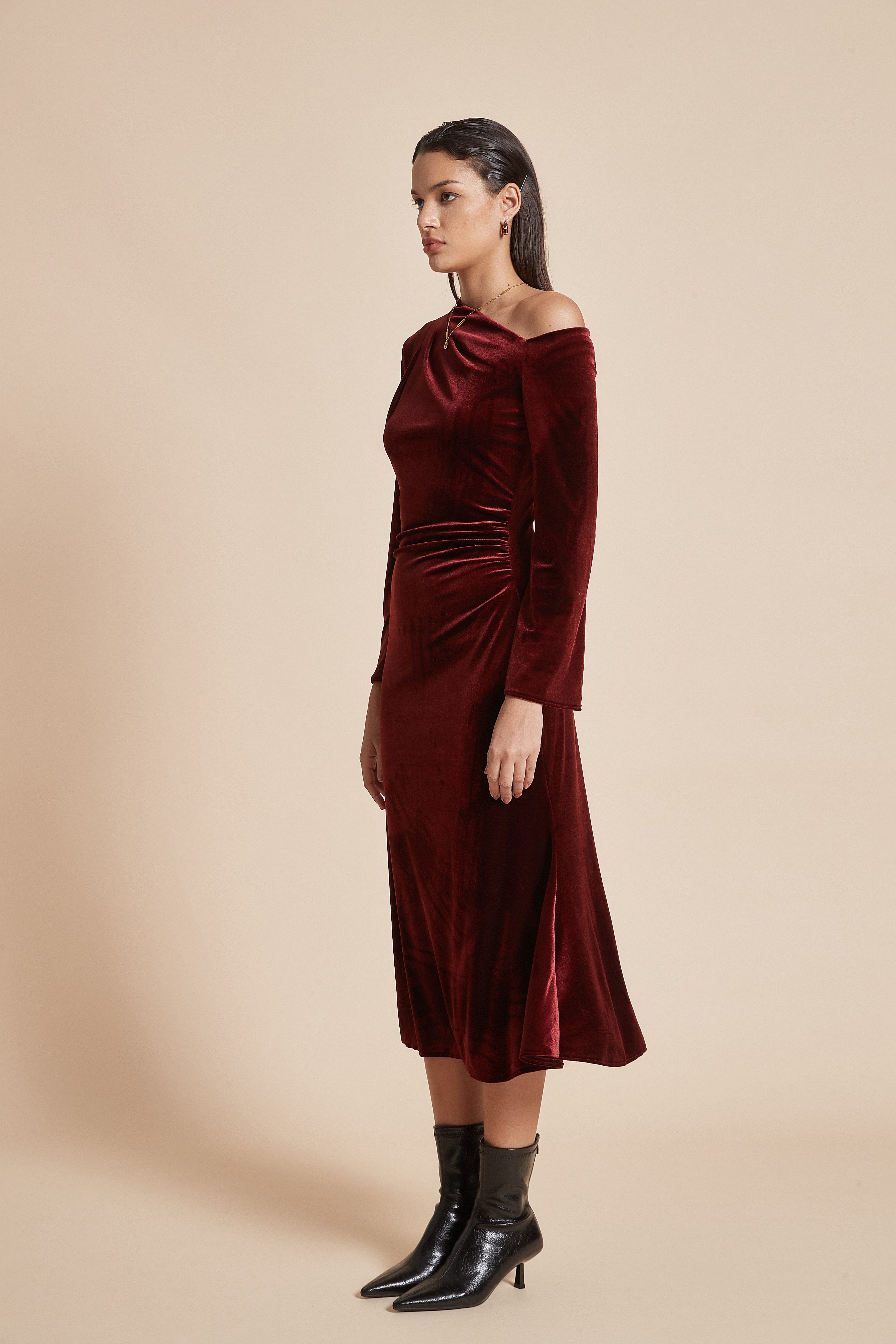 يولا فستان نسائي ميدي بكم طويل أوف شولدر سادة