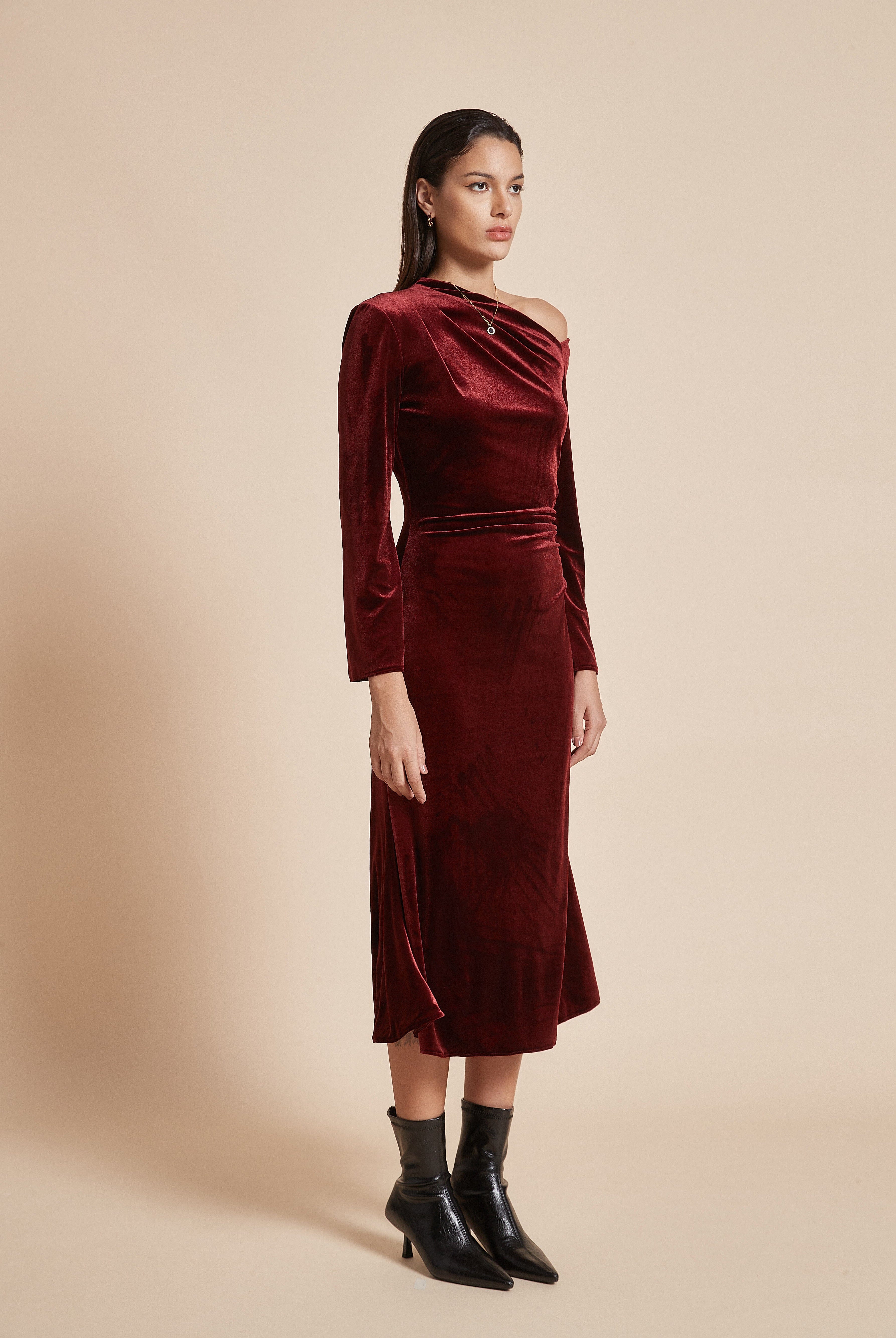 يولا فستان نسائي ميدي بكم طويل أوف شولدر سادة