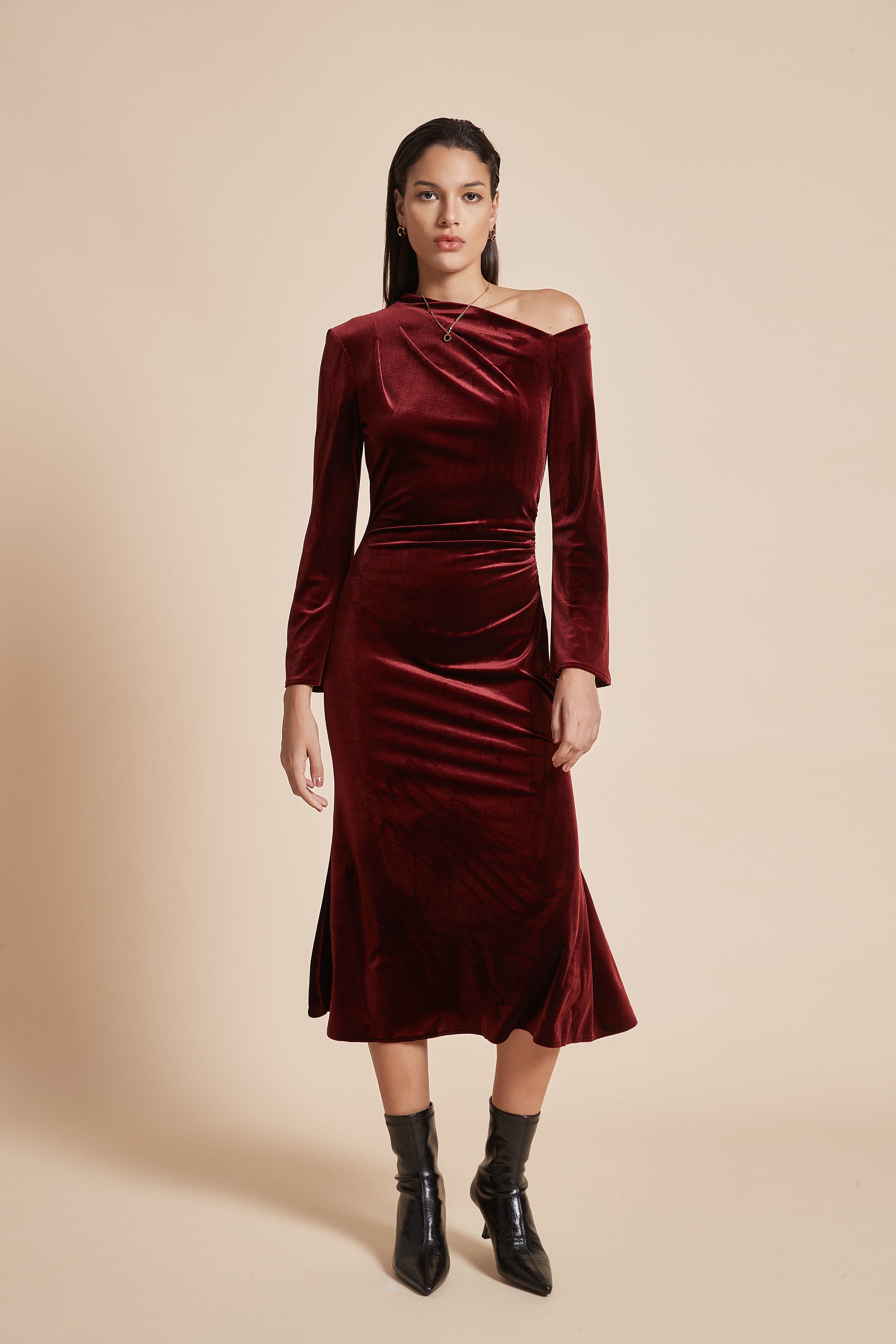 يولا فستان نسائي ميدي بكم طويل أوف شولدر سادة