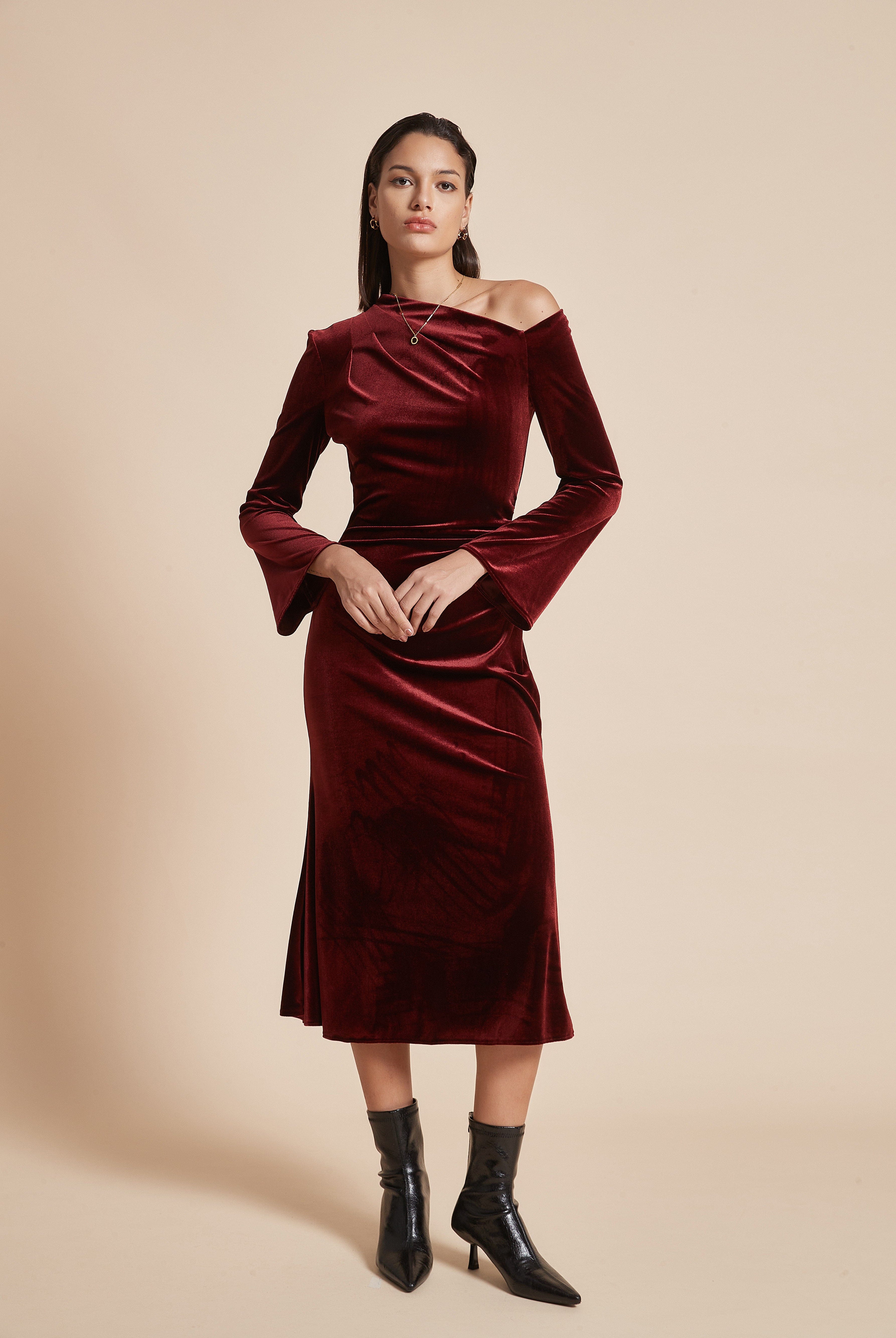 يولا فستان نسائي ميدي بكم طويل أوف شولدر سادة