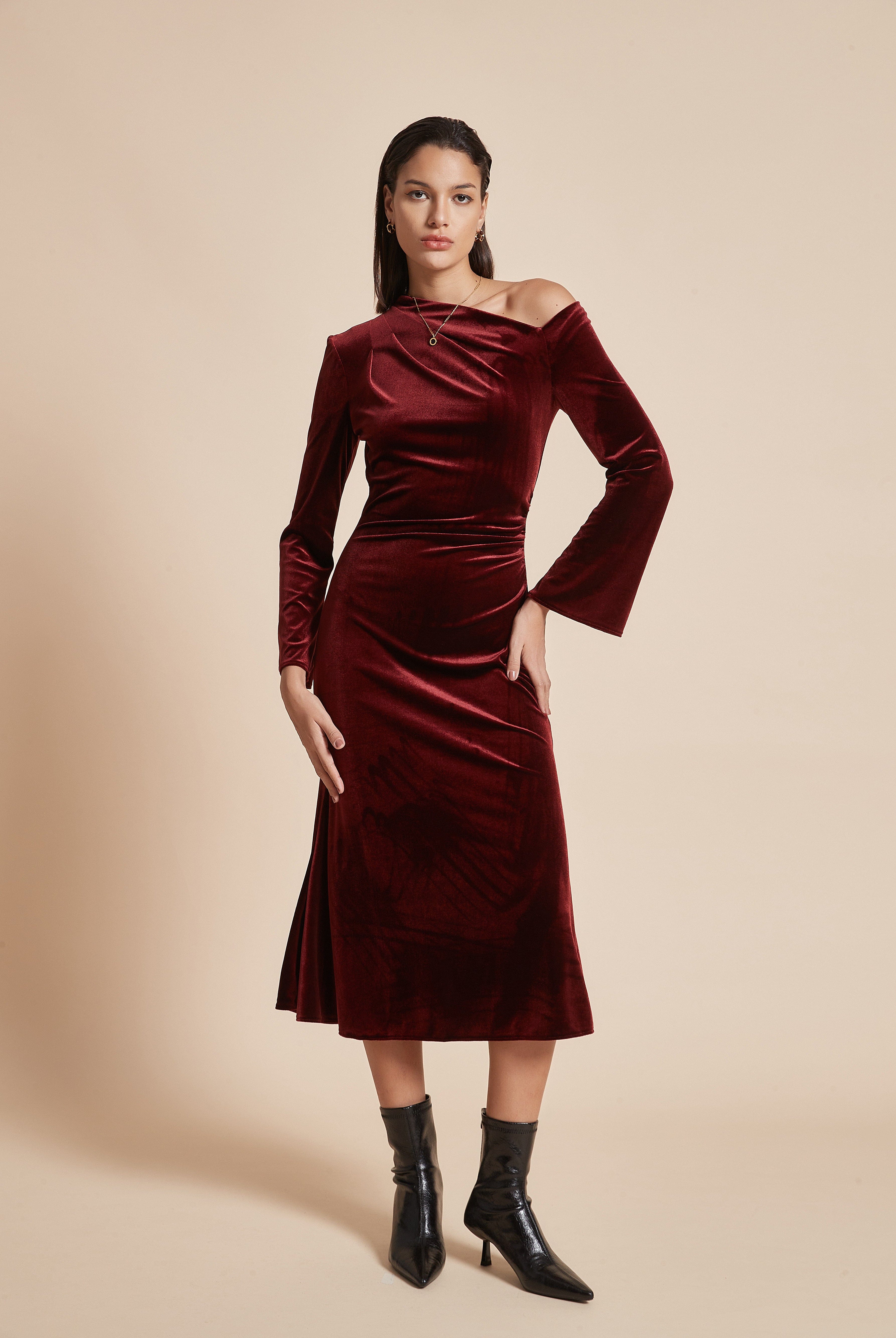 يولا فستان نسائي ميدي بكم طويل أوف شولدر سادة