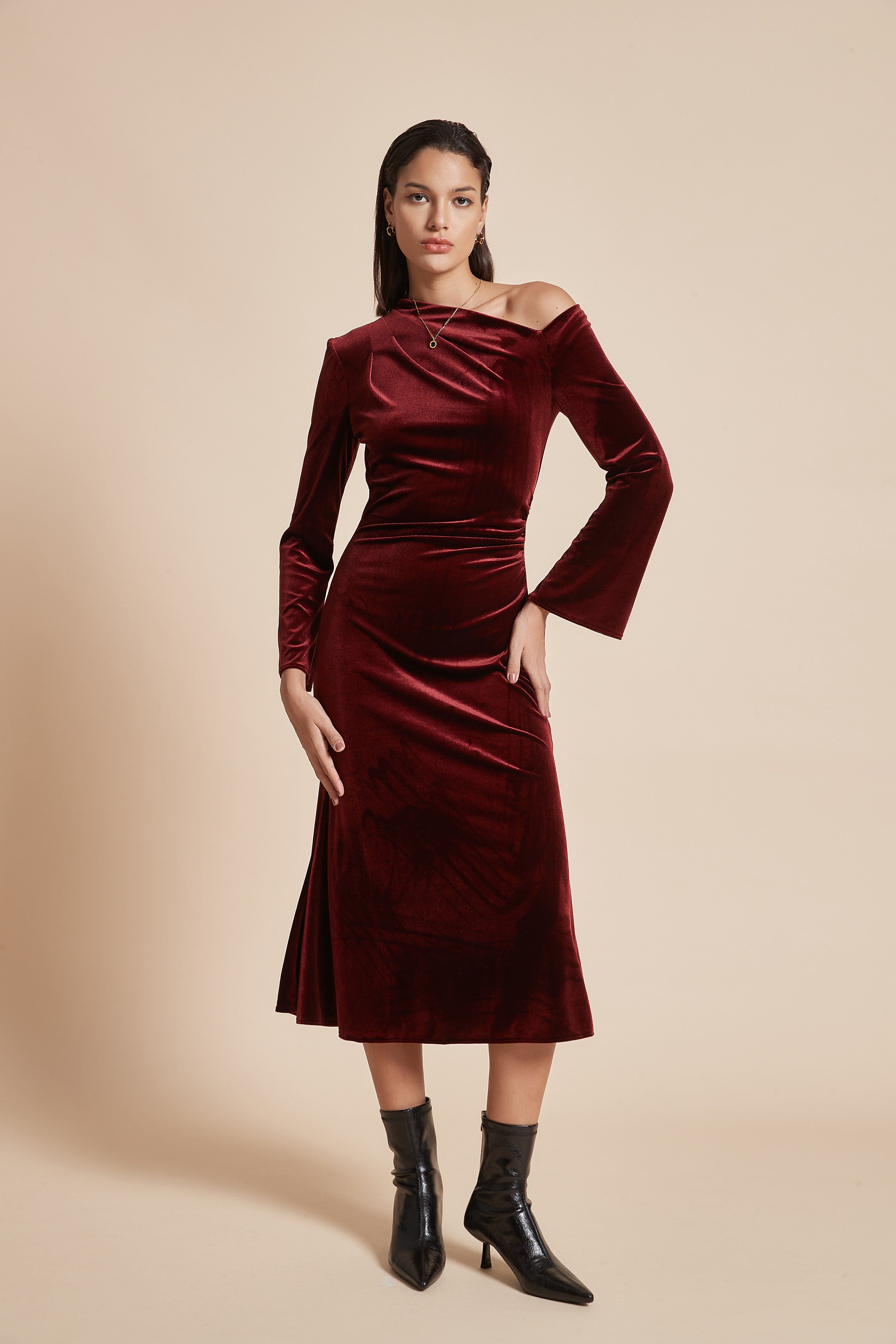 يولا فستان نسائي ميدي بكم طويل أوف شولدر سادة